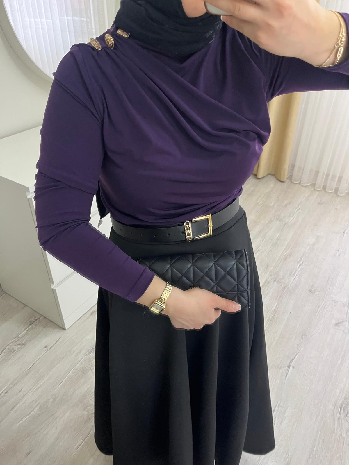 Omzu Düğme Detaylı Bluz / Mürdüm