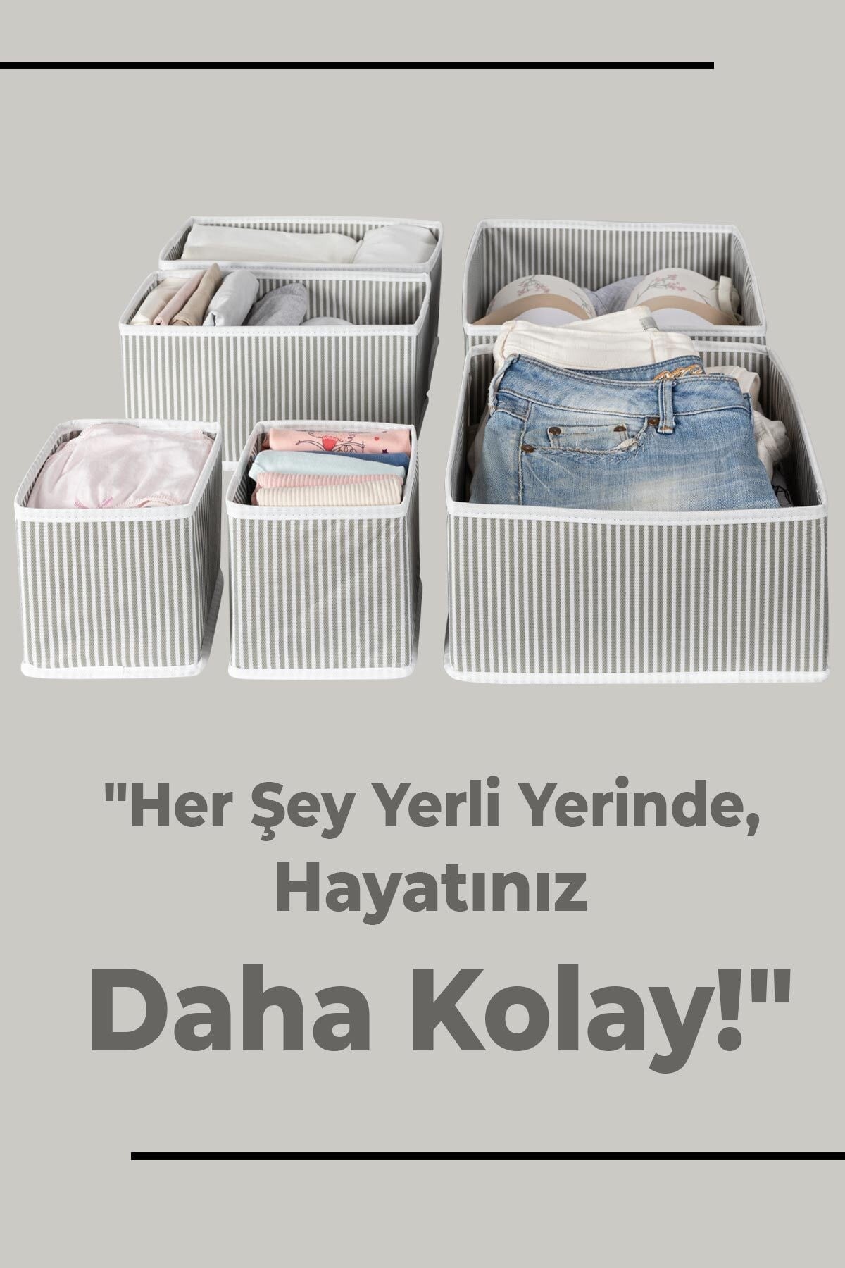 6 Lı Çekmece Düzenleyici Gri Gri Çizgili