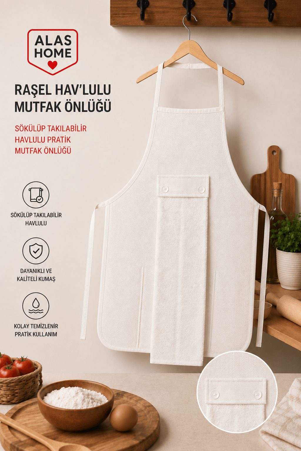 El Kurutma Havlulu Suya Dayanıklı Mutfak Önlüğü Krem