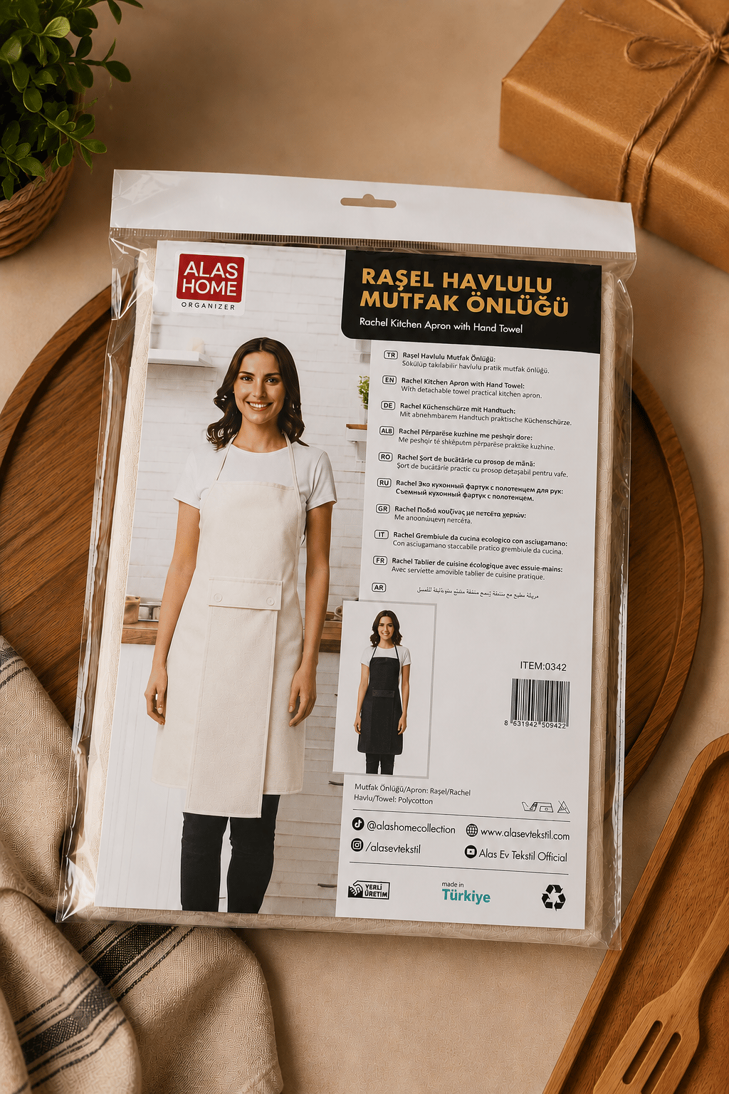 El Kurutma Havlulu Suya Dayanıklı Mutfak Önlüğü Krem