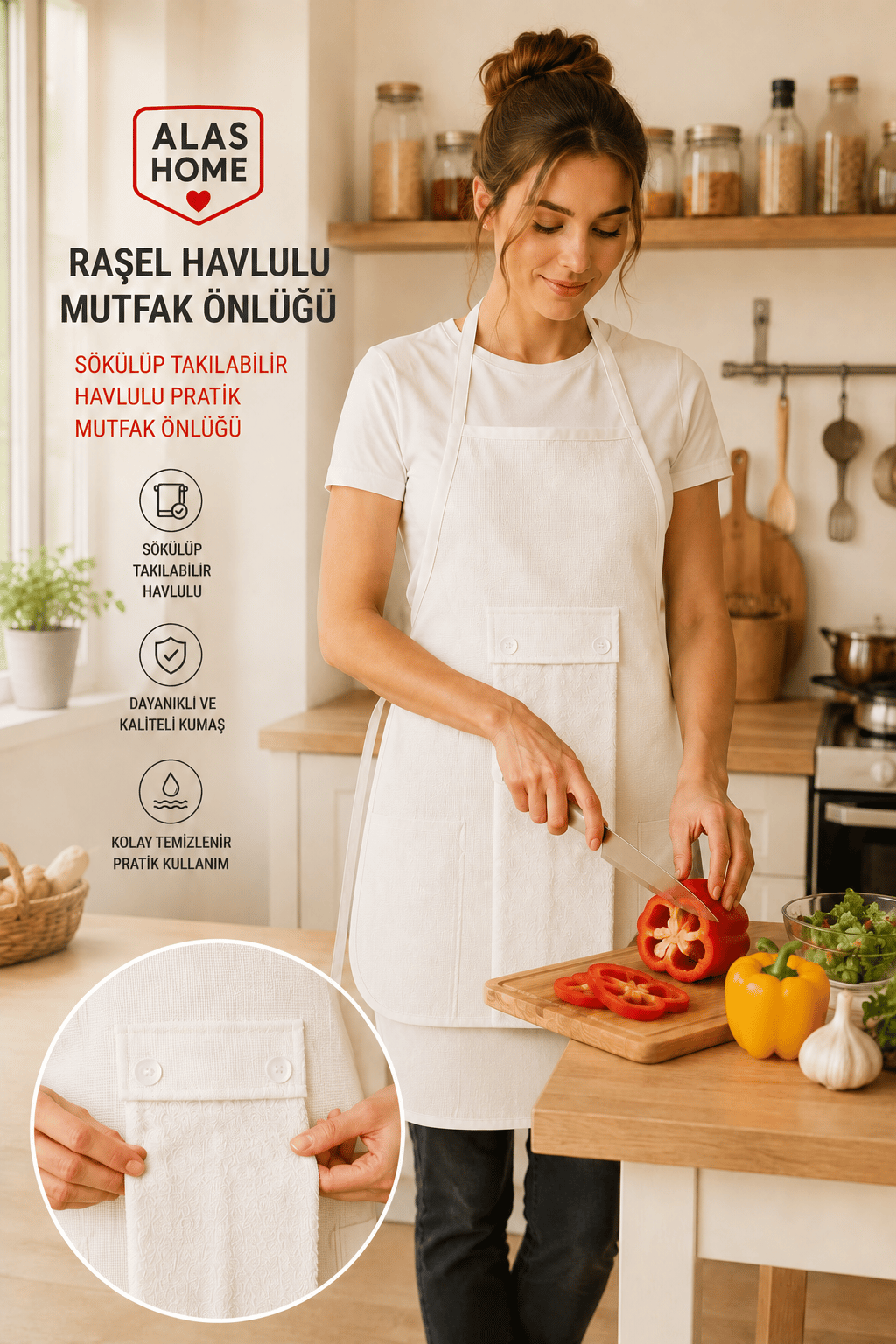 El Kurutma Havlulu Suya Dayanıklı Mutfak Önlüğü Krem