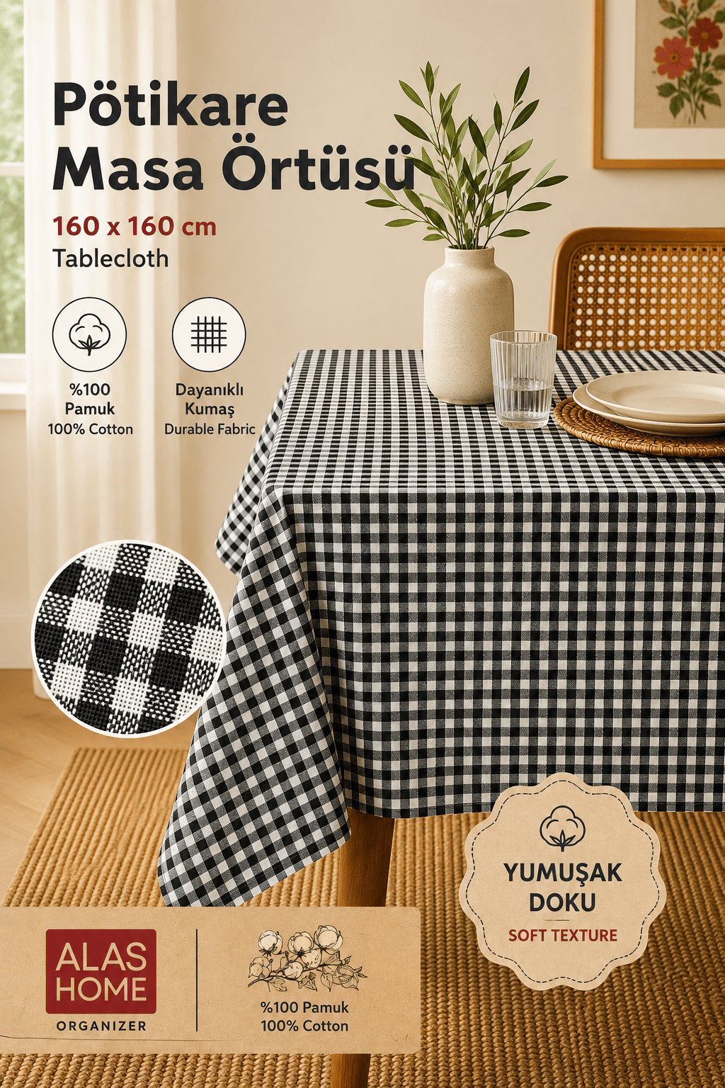 Gri Piknik Bahçe Balkon Masa Örtüsü 160 x 160 Siyah