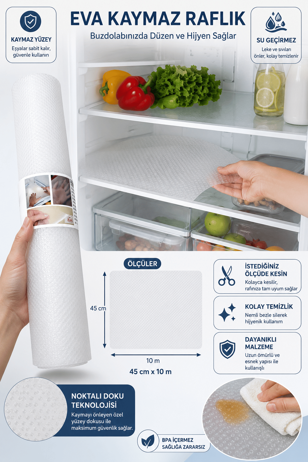 Kaydırmaz Dolap İçi Raf Çekmece Vitrin Örtüsü 45x1 Beyaz