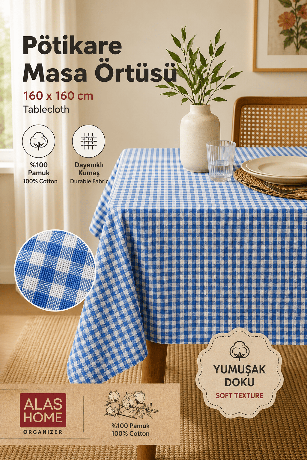 Mavi Piknik Bahçe Balkon Masa Örtüsü 160 x 160 Mavi