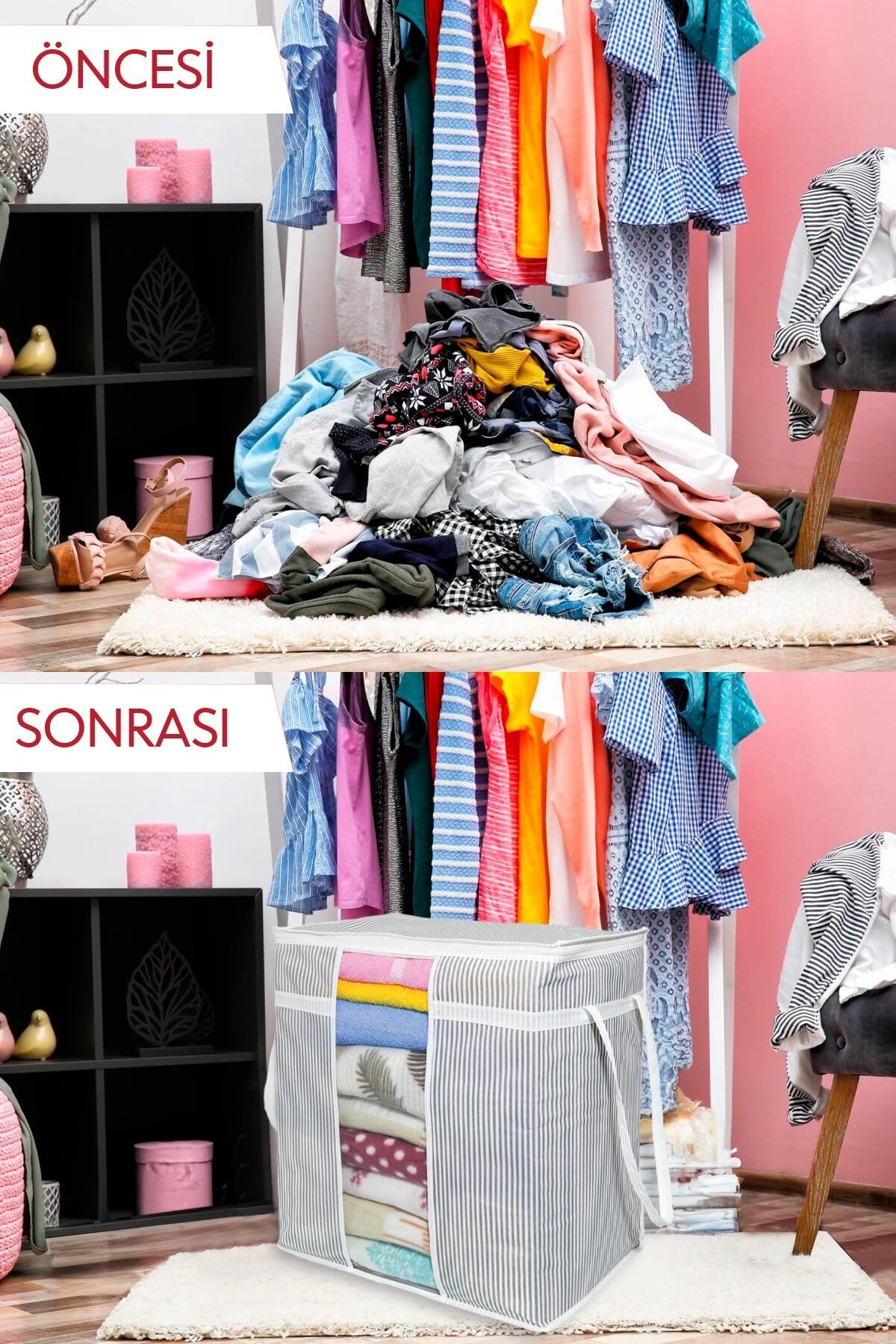 Pencereli Saklama Çantası Gri Gri Çizgili