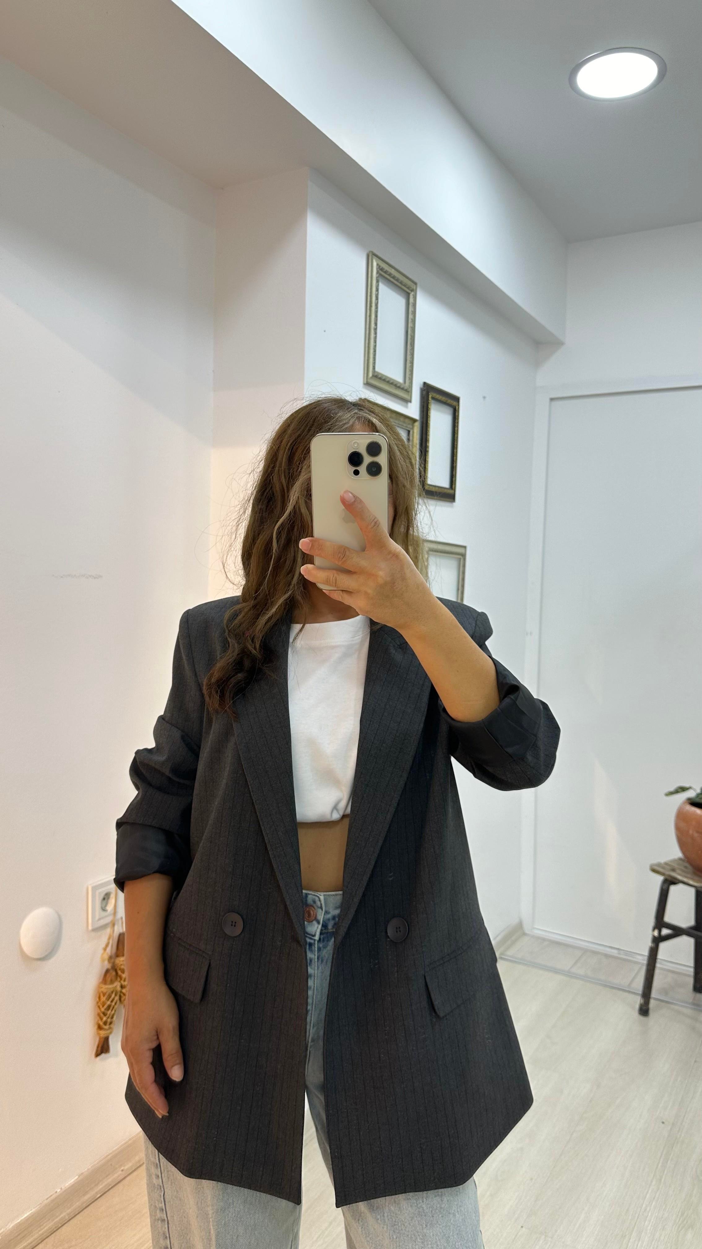 Çizgili Blazer Ceket - AntrasitCeket1C02
