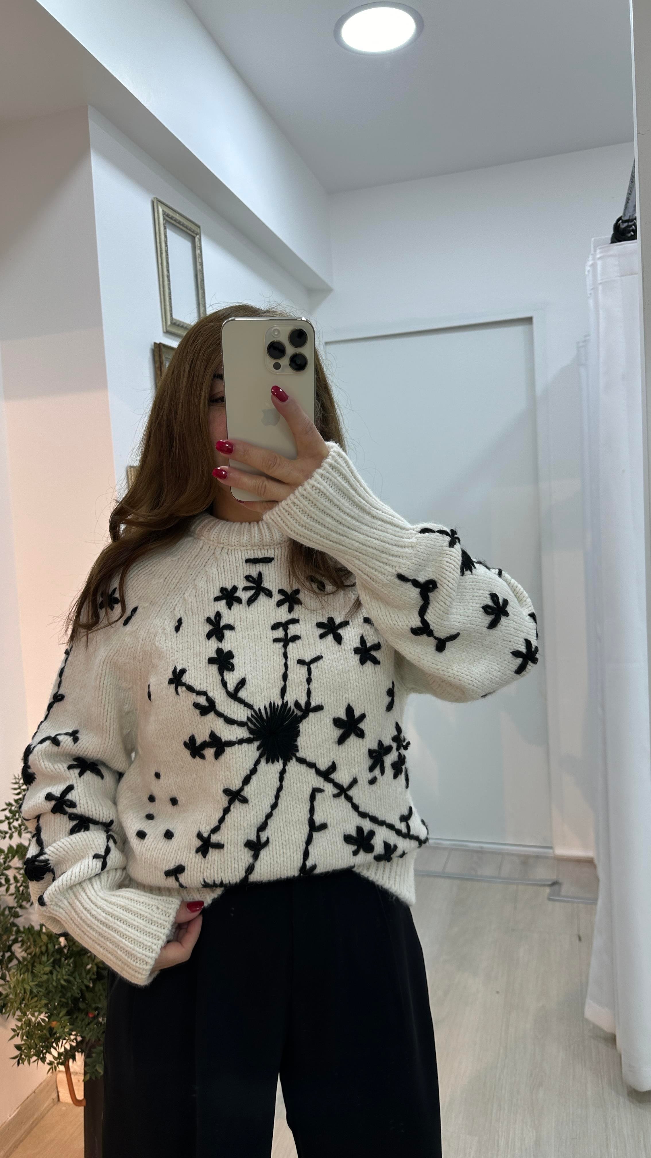 Bisiklet Yaka Elişi Nakışlı Triko KazakTriko & Kazak02-TK0024