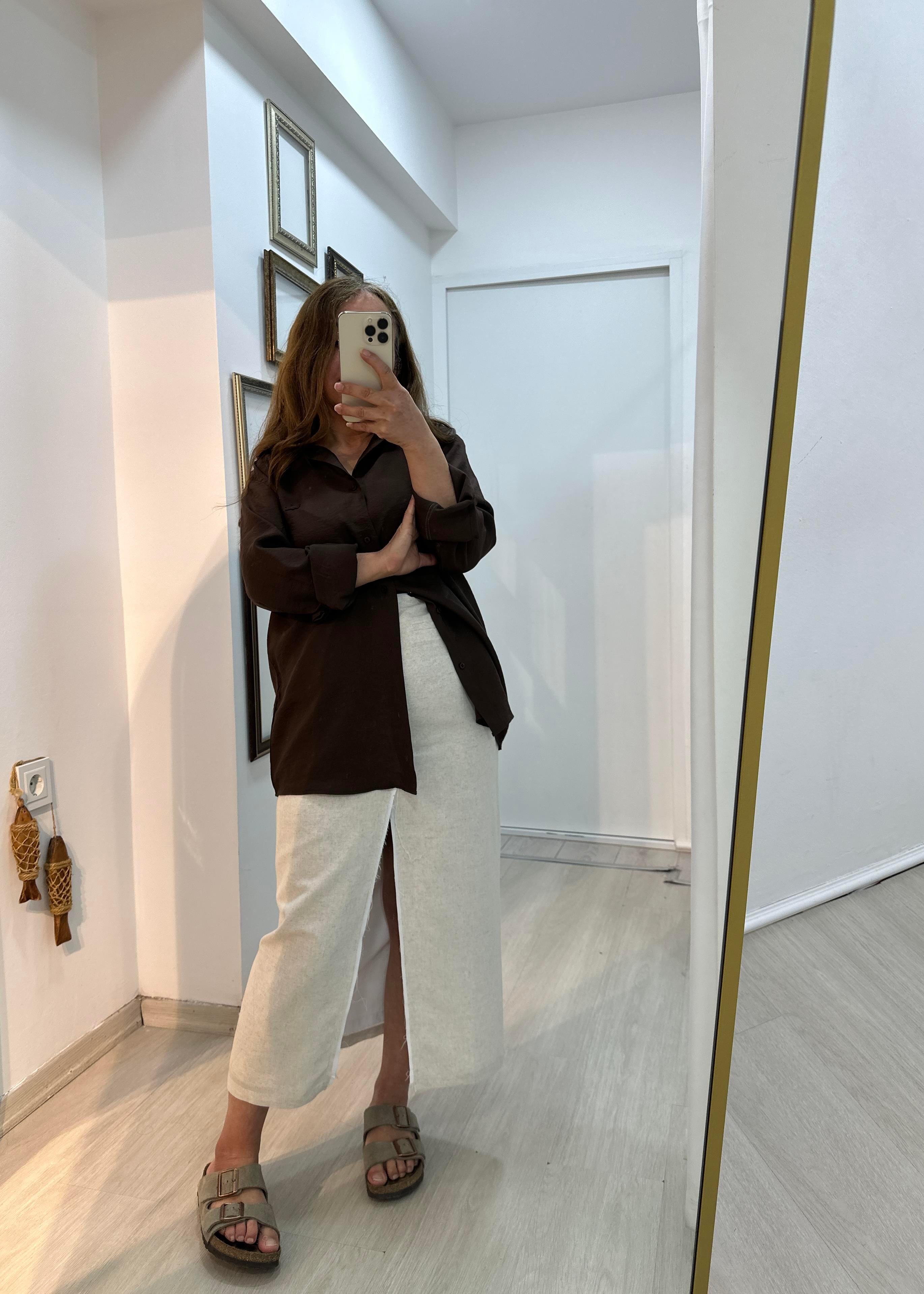 Keten Yırtmaç Detaylı Etek - KremEtek01-EK0024