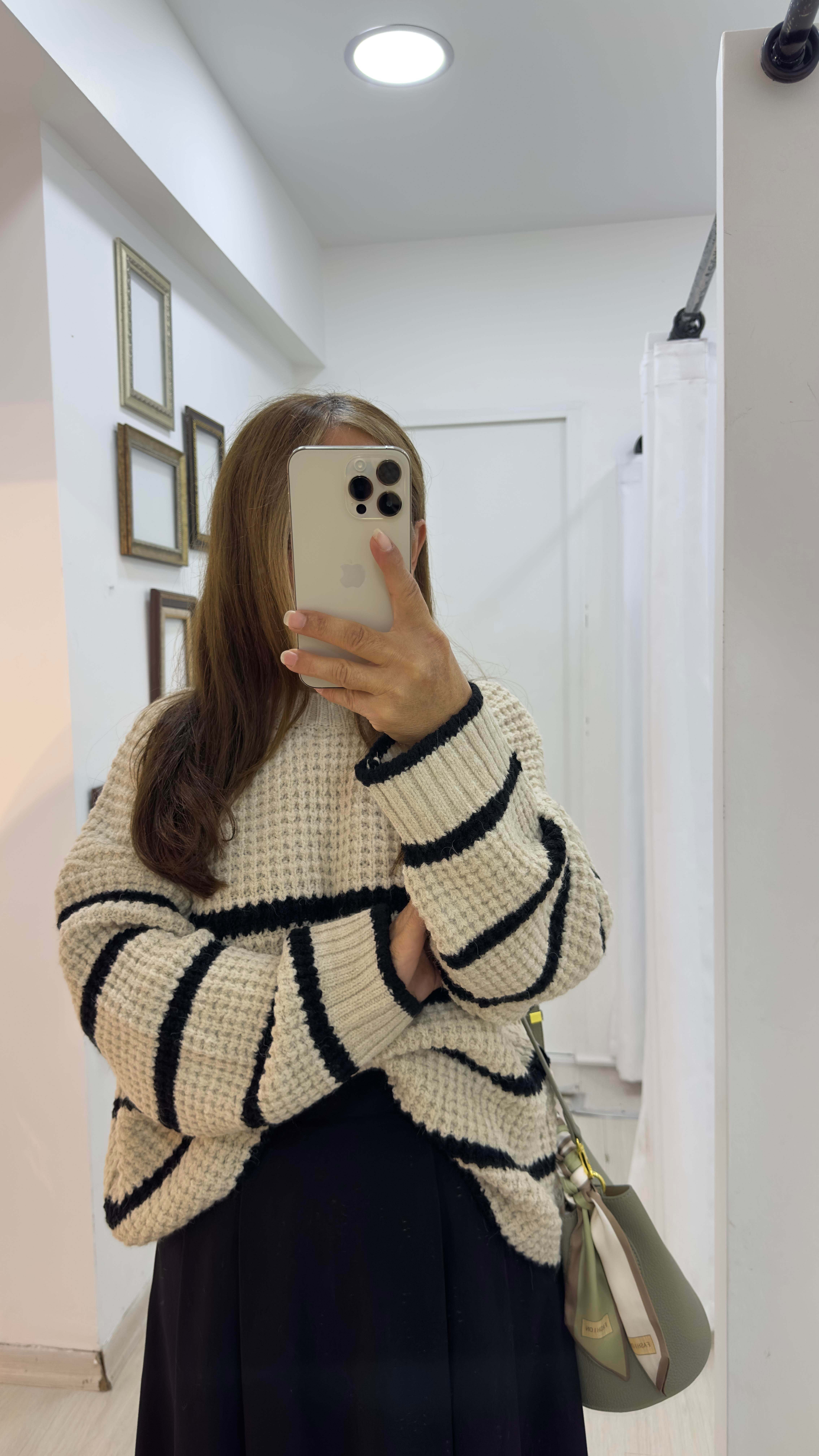 Oversize Bisiklet Yaka Triko Kazak - Bej Siyah ÇizgiliTriko & Kazak2T03