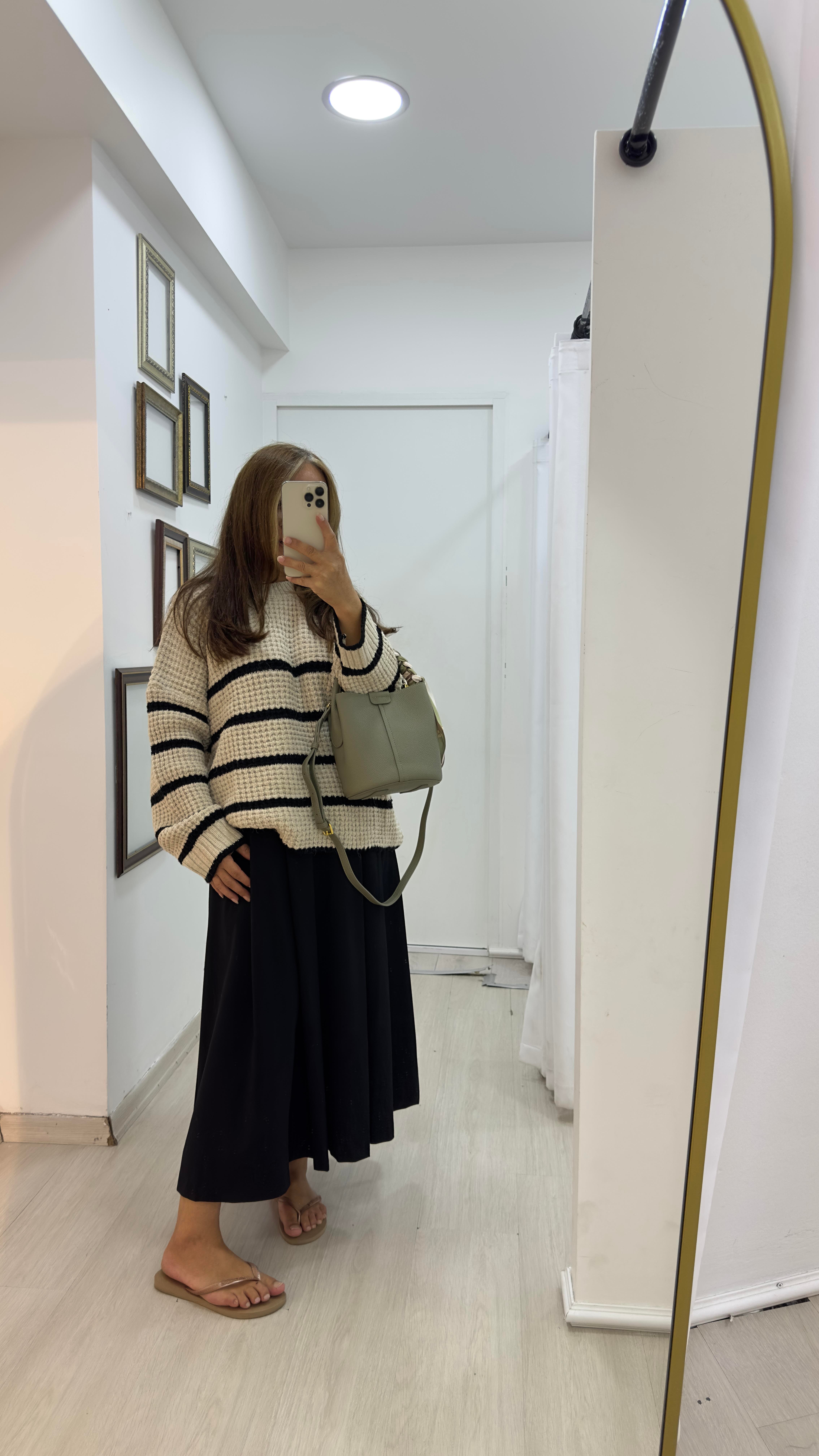 Oversize Bisiklet Yaka Triko Kazak - Bej Siyah ÇizgiliTriko & Kazak2T03
