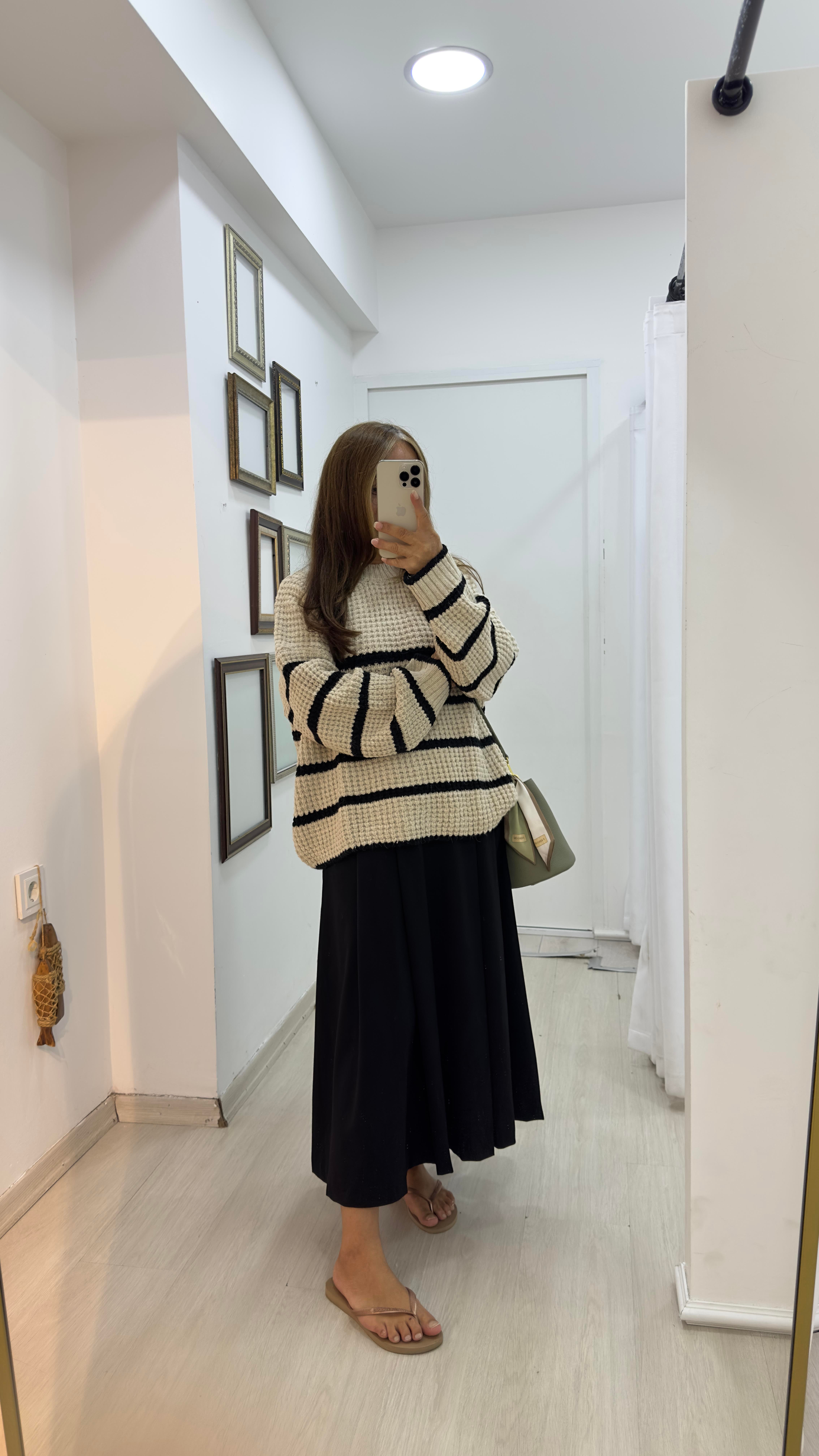 Oversize Bisiklet Yaka Triko Kazak - Bej Siyah ÇizgiliTriko & Kazak2T03