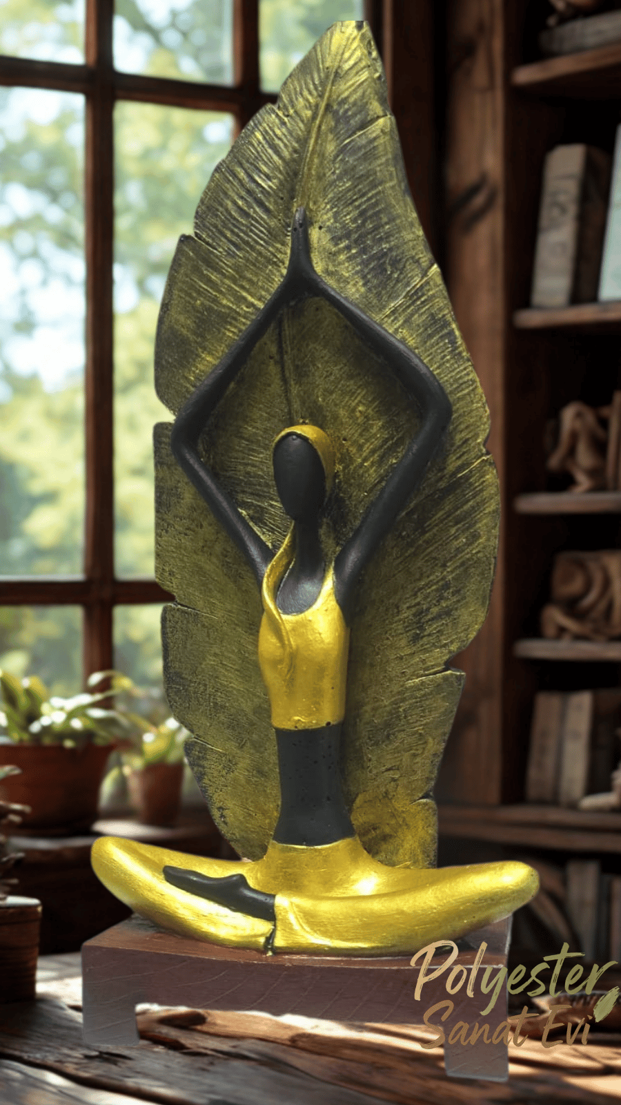Yapraklı Yoga Yapan Kız Siyah-Gold Dekoratif Biblo