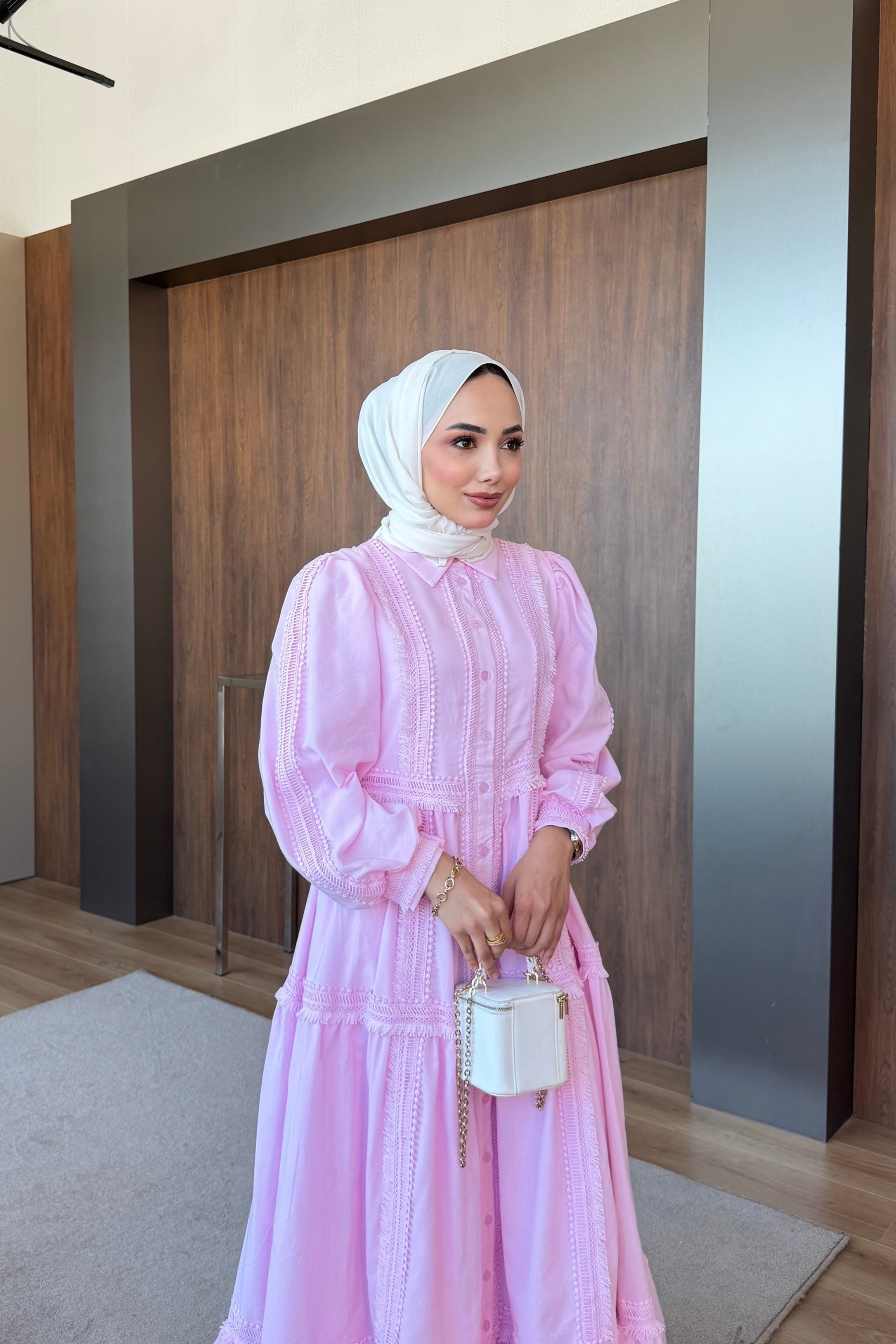 Fisto Şeritli Elbise Pembe