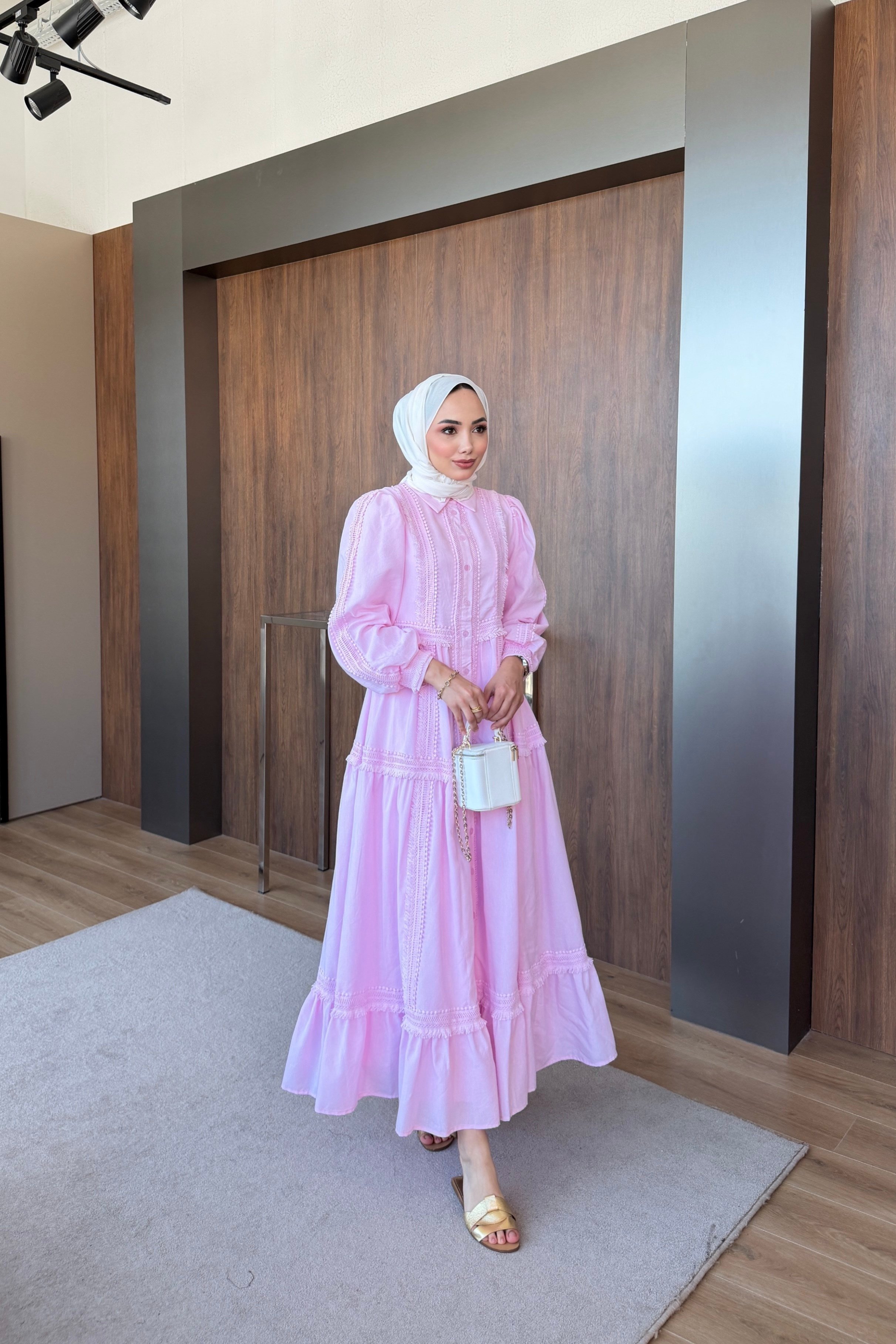 Fisto Şeritli Elbise Pembe