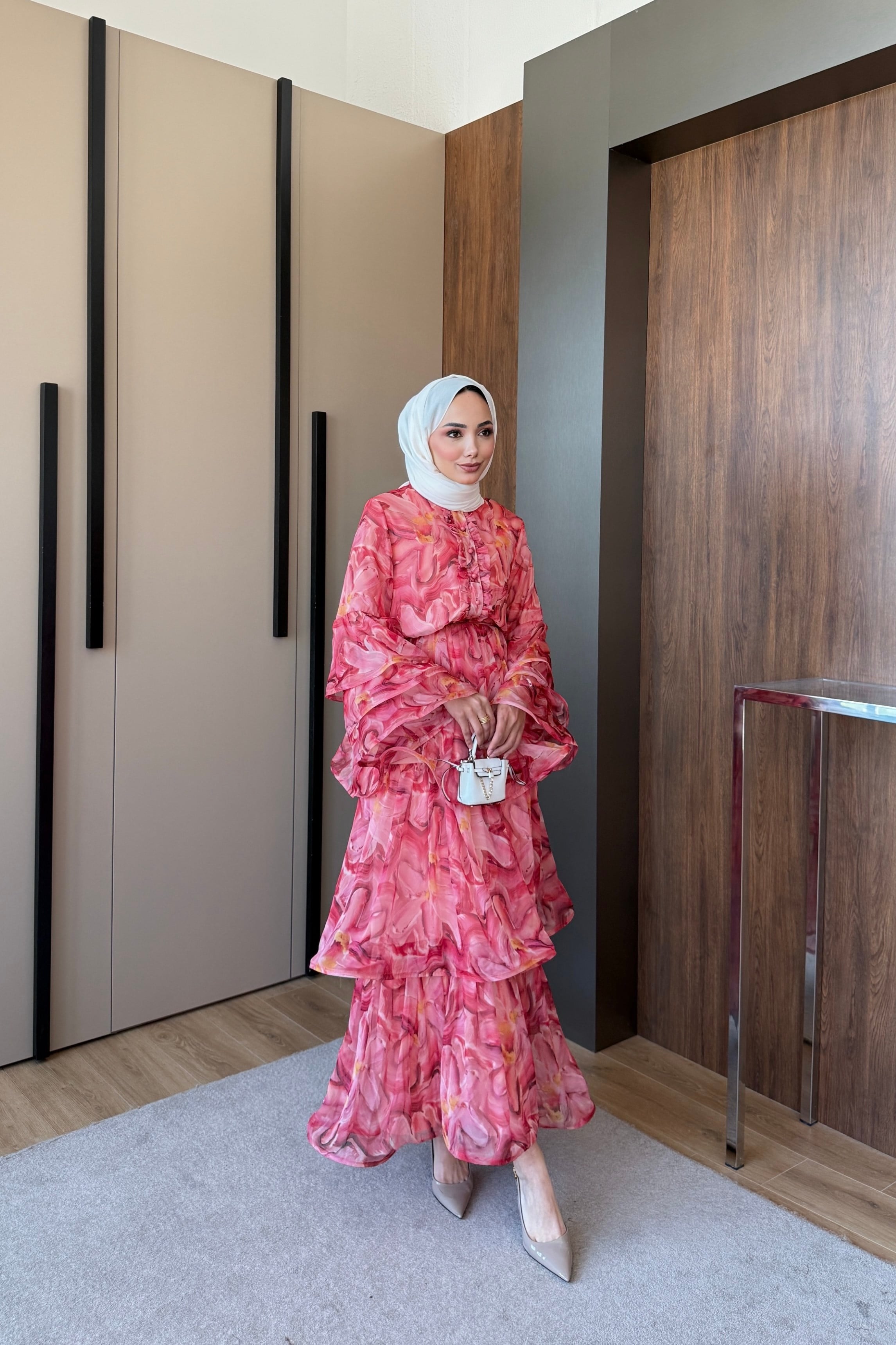 Kat Kat Şifon Desenli Elbise Pembe