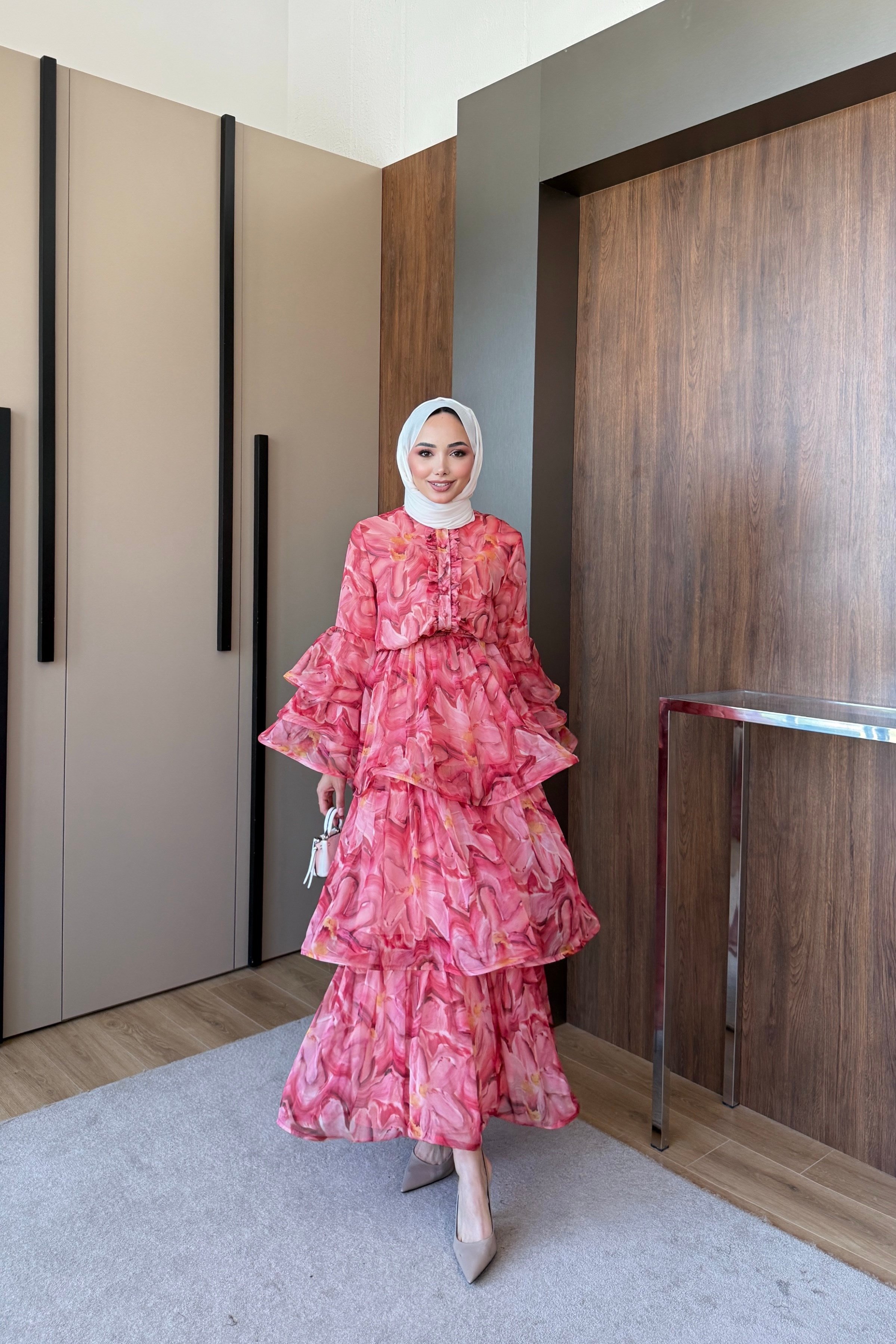 Kat Kat Şifon Desenli Elbise Pembe