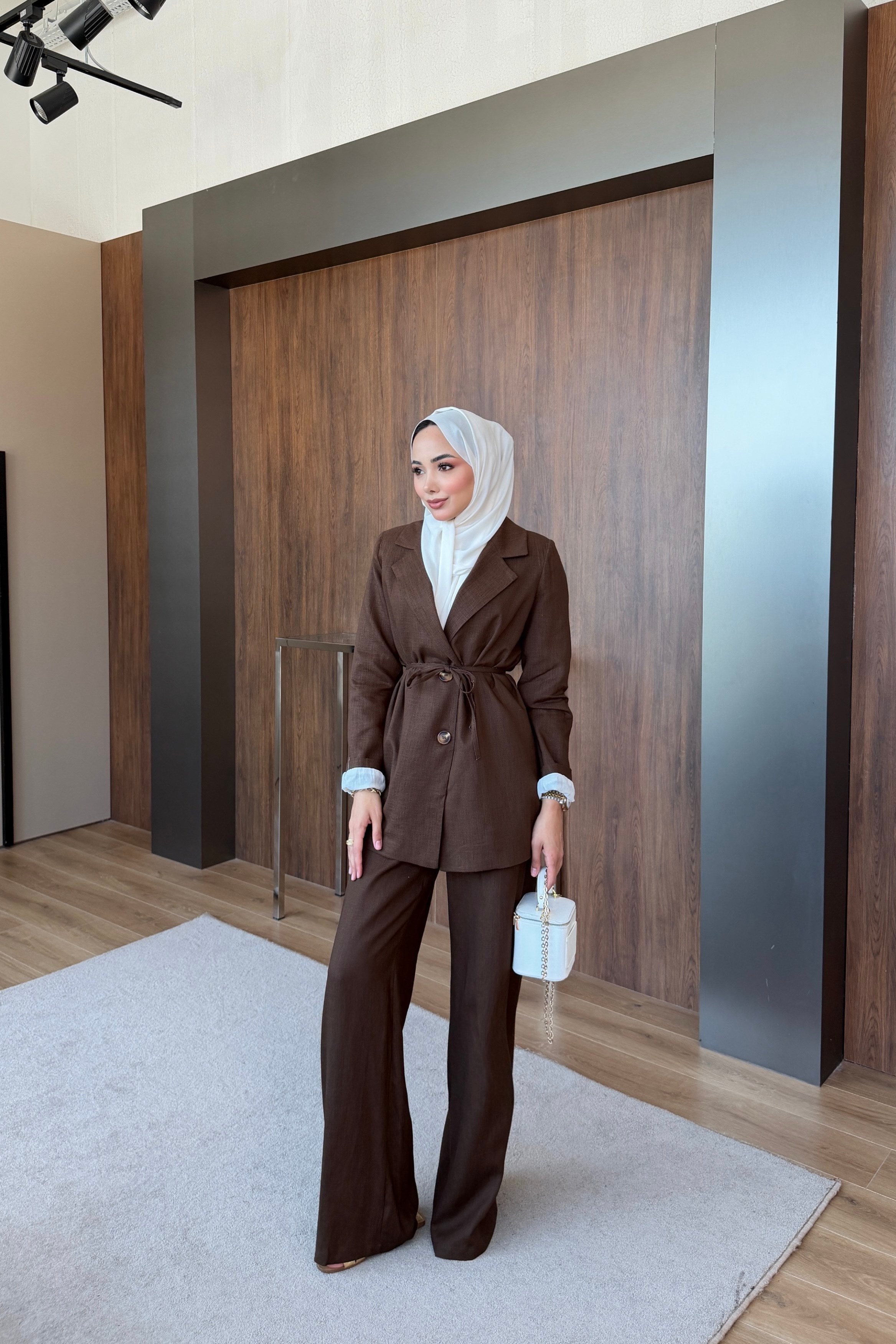 Keten Blazer Pantalonlu Takım Kahverengi