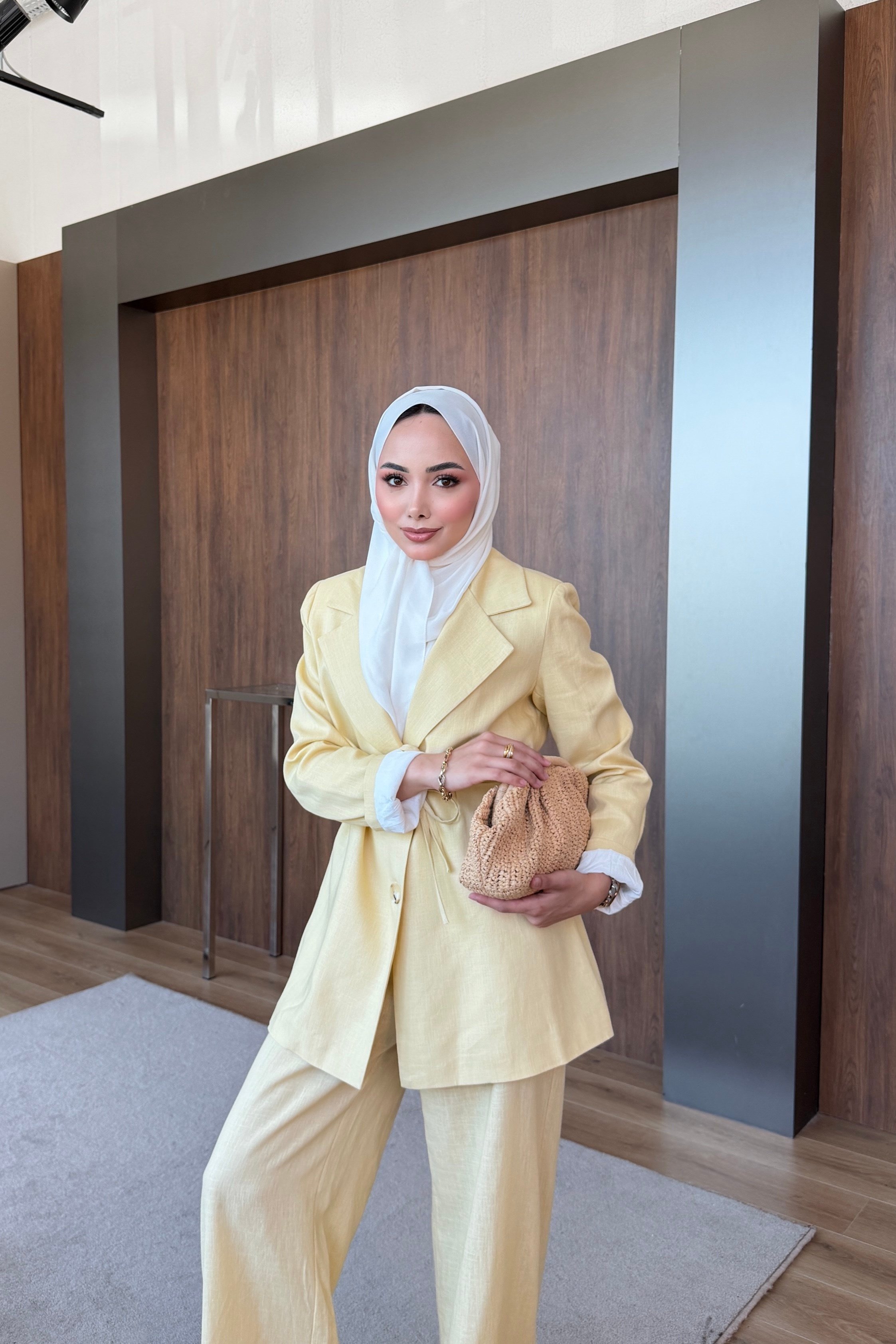 Keten Blazer Pantalonlu Takım Sarı