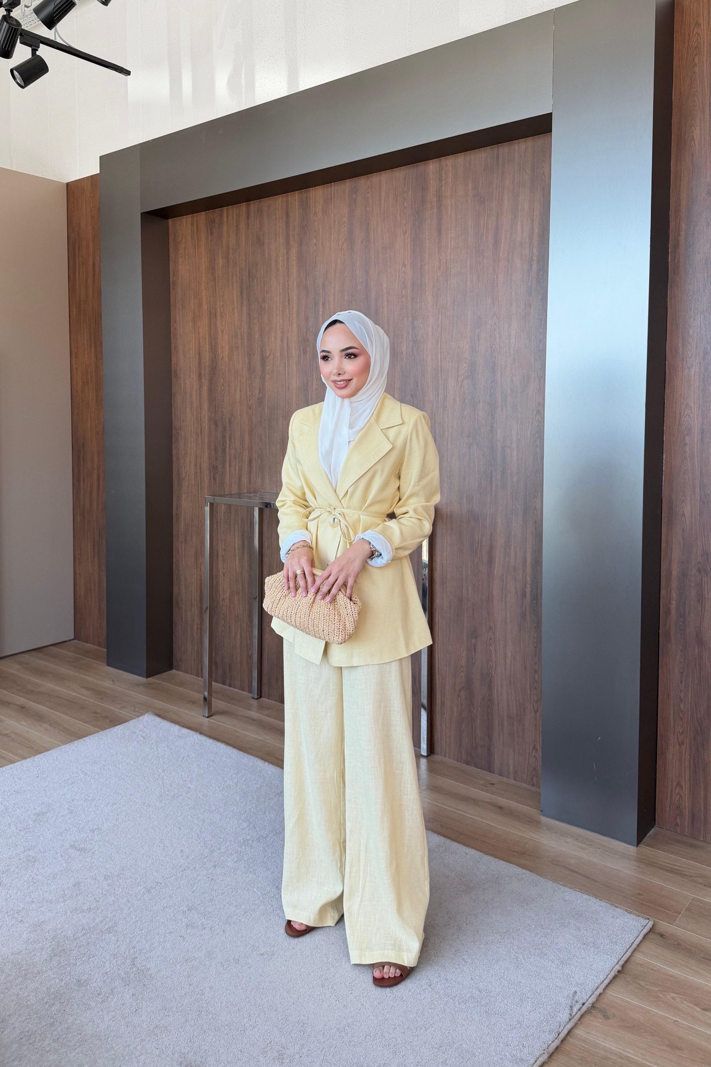 Keten Blazer Pantalonlu Takım Sarı