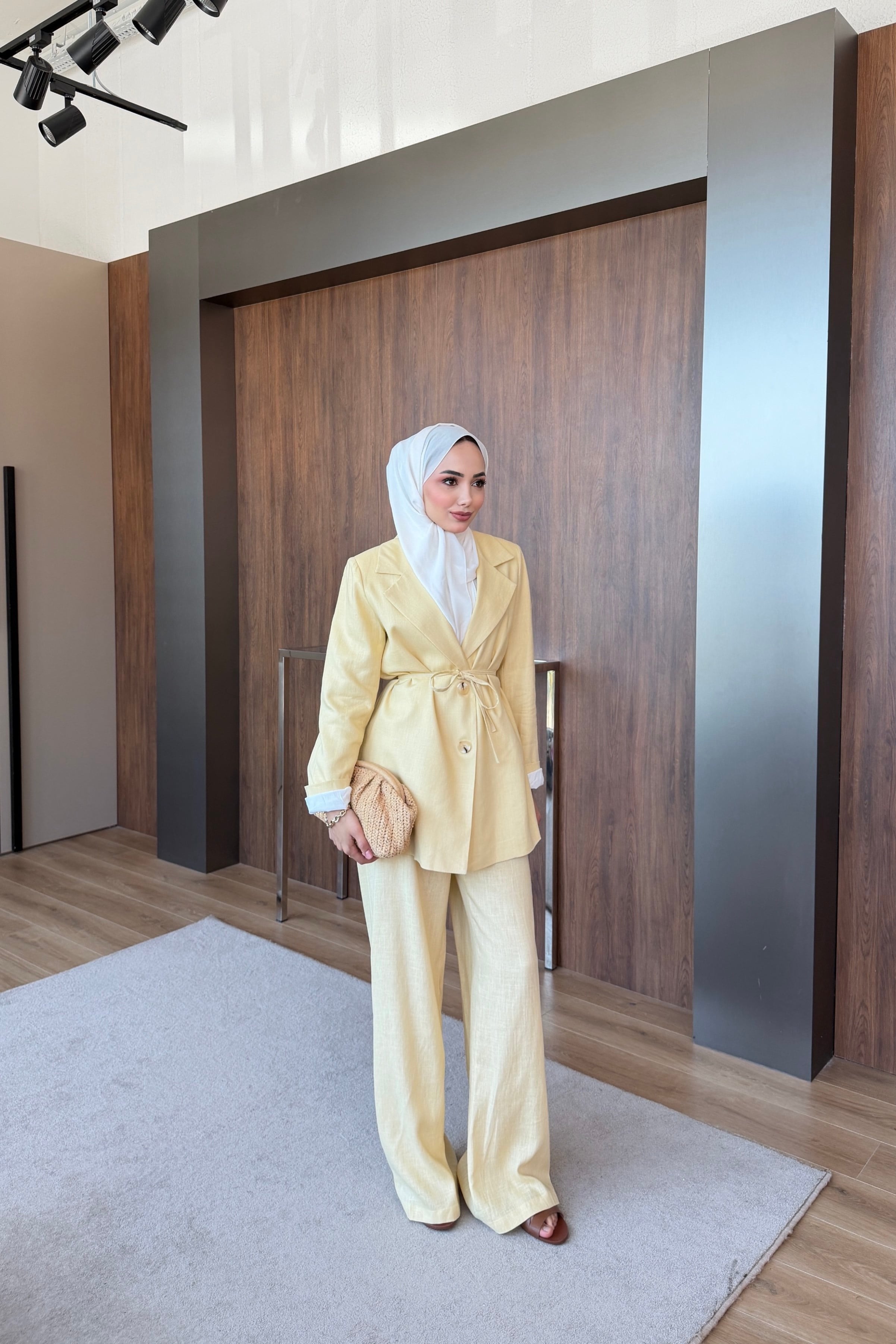 Keten Blazer Pantalonlu Takım Sarı