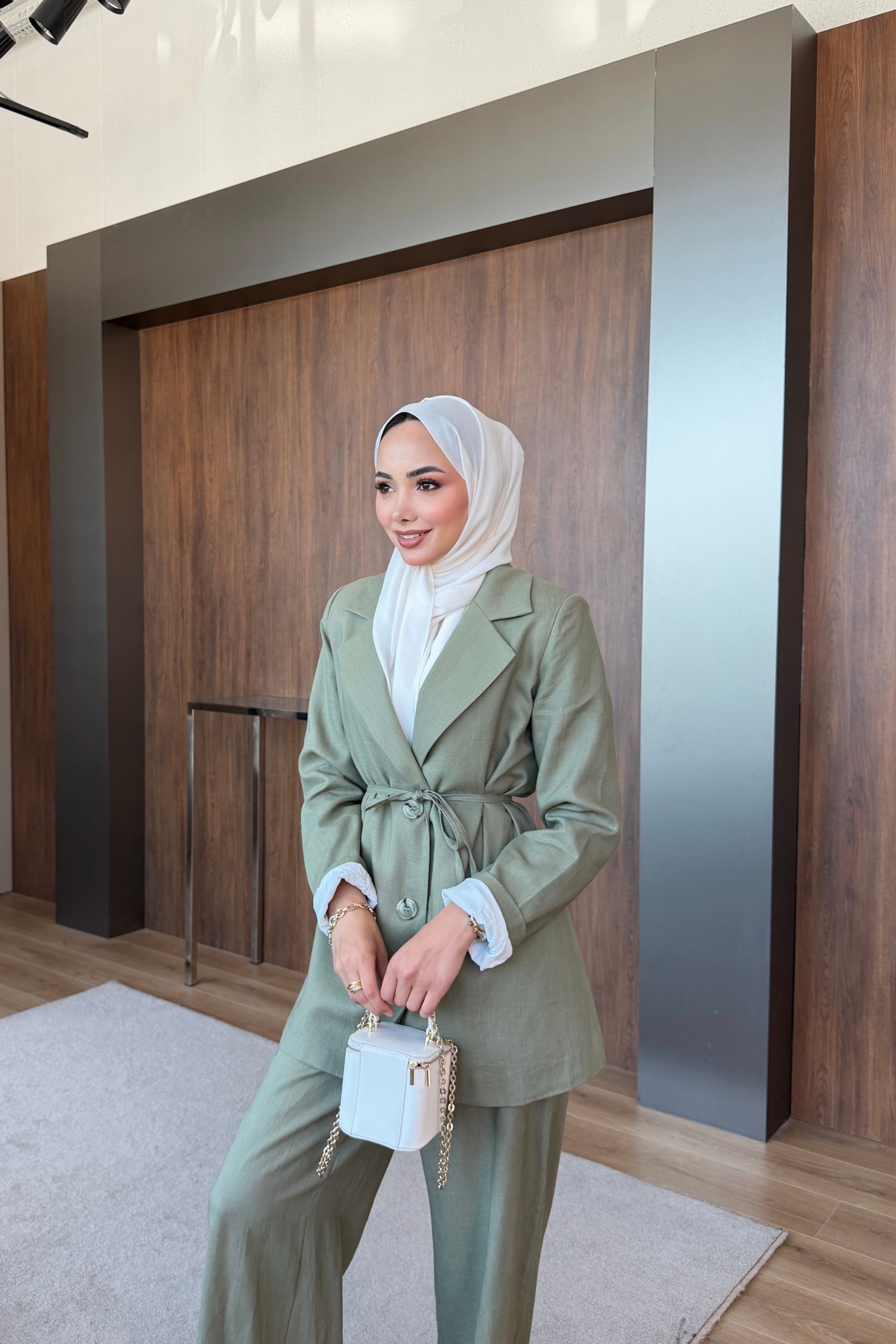 Keten Blazer Pantalonlu Takım Yeşil