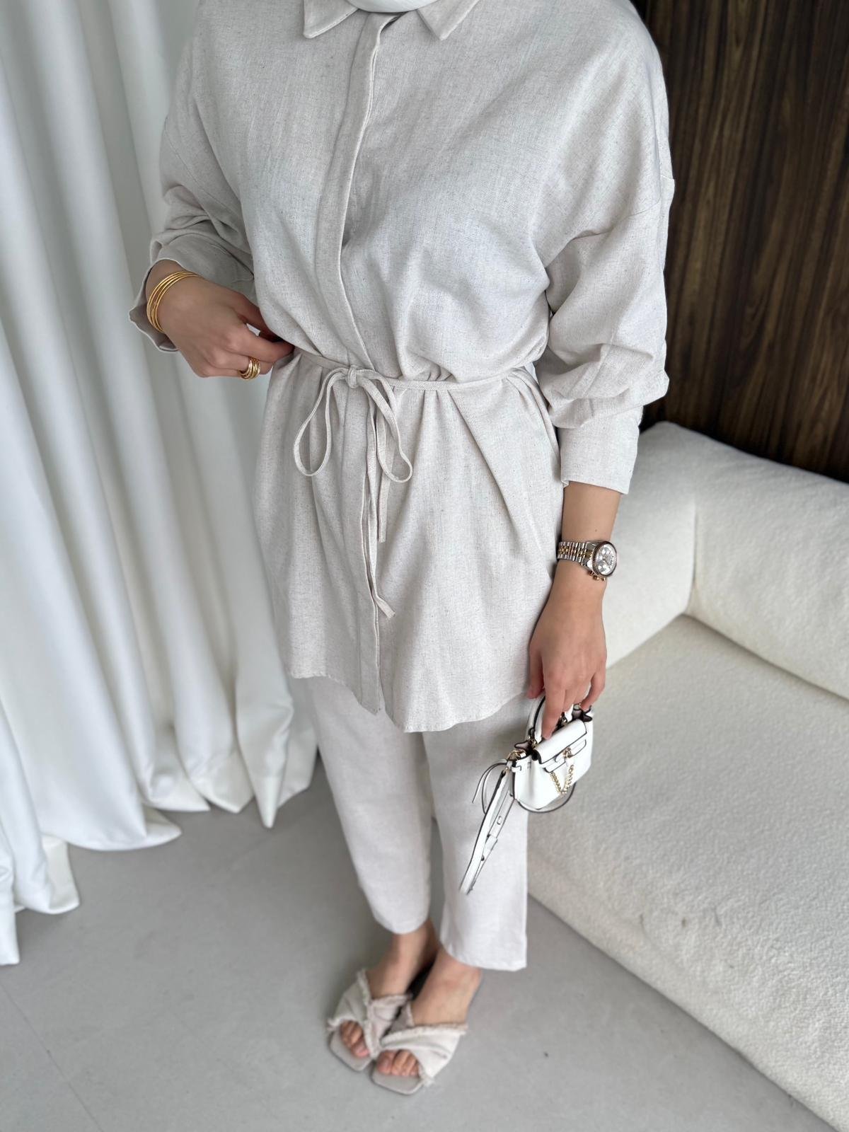 Pantalonlu Keten Takım Naturel