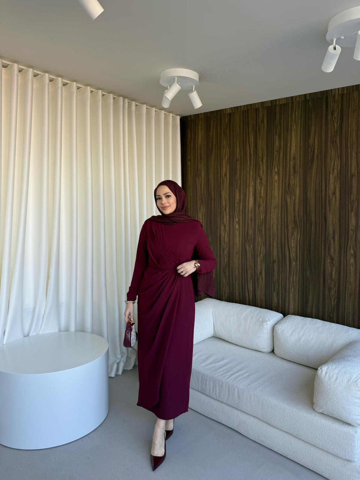 Rana Krep Elbise Bordo