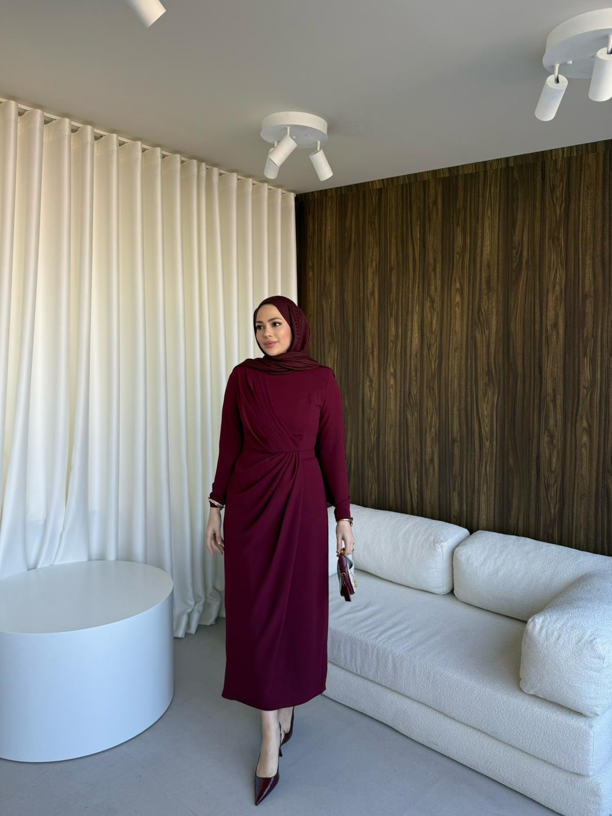 Rana Krep Elbise Bordo