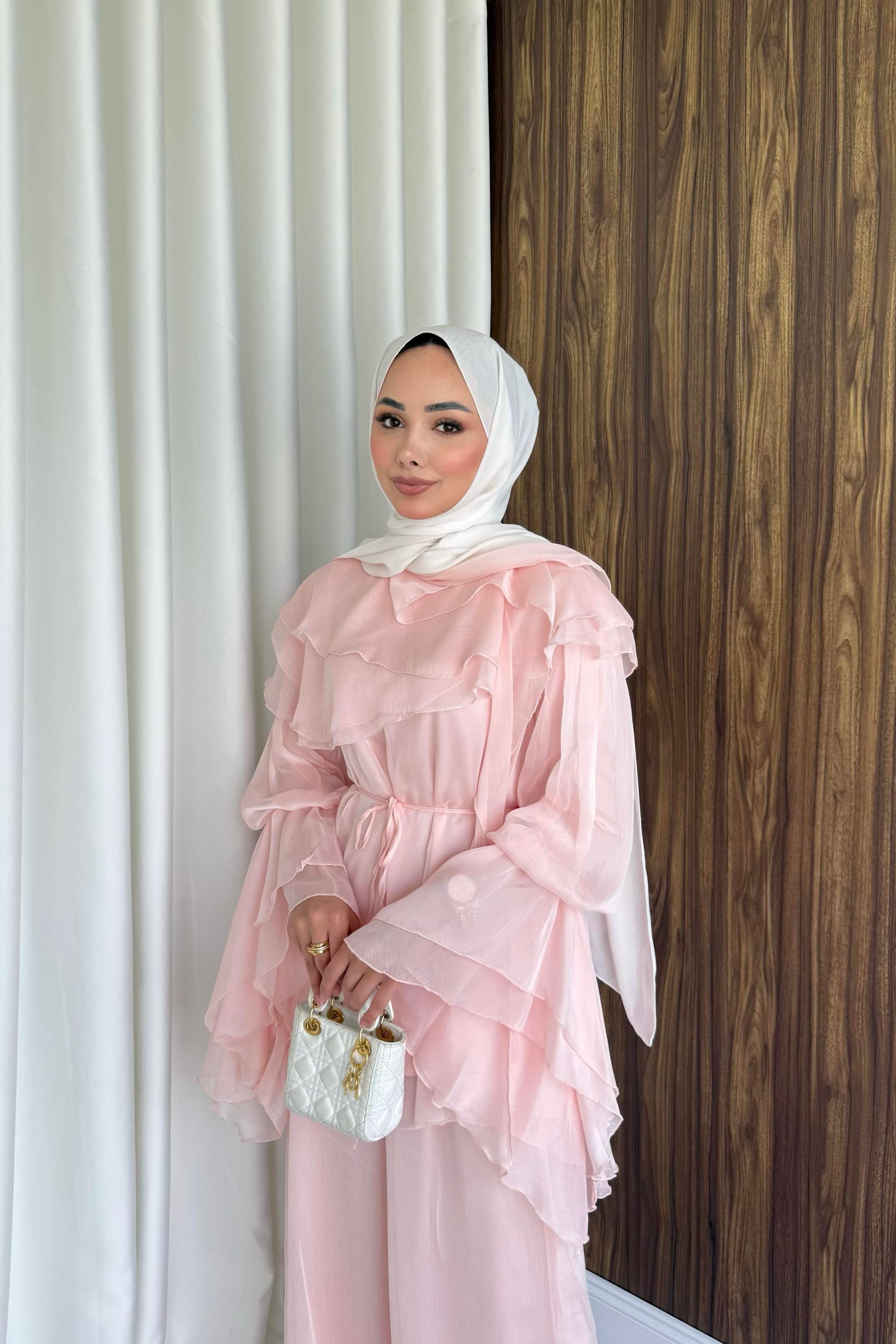 Volanlı şifon pantalonlu takım pembe 