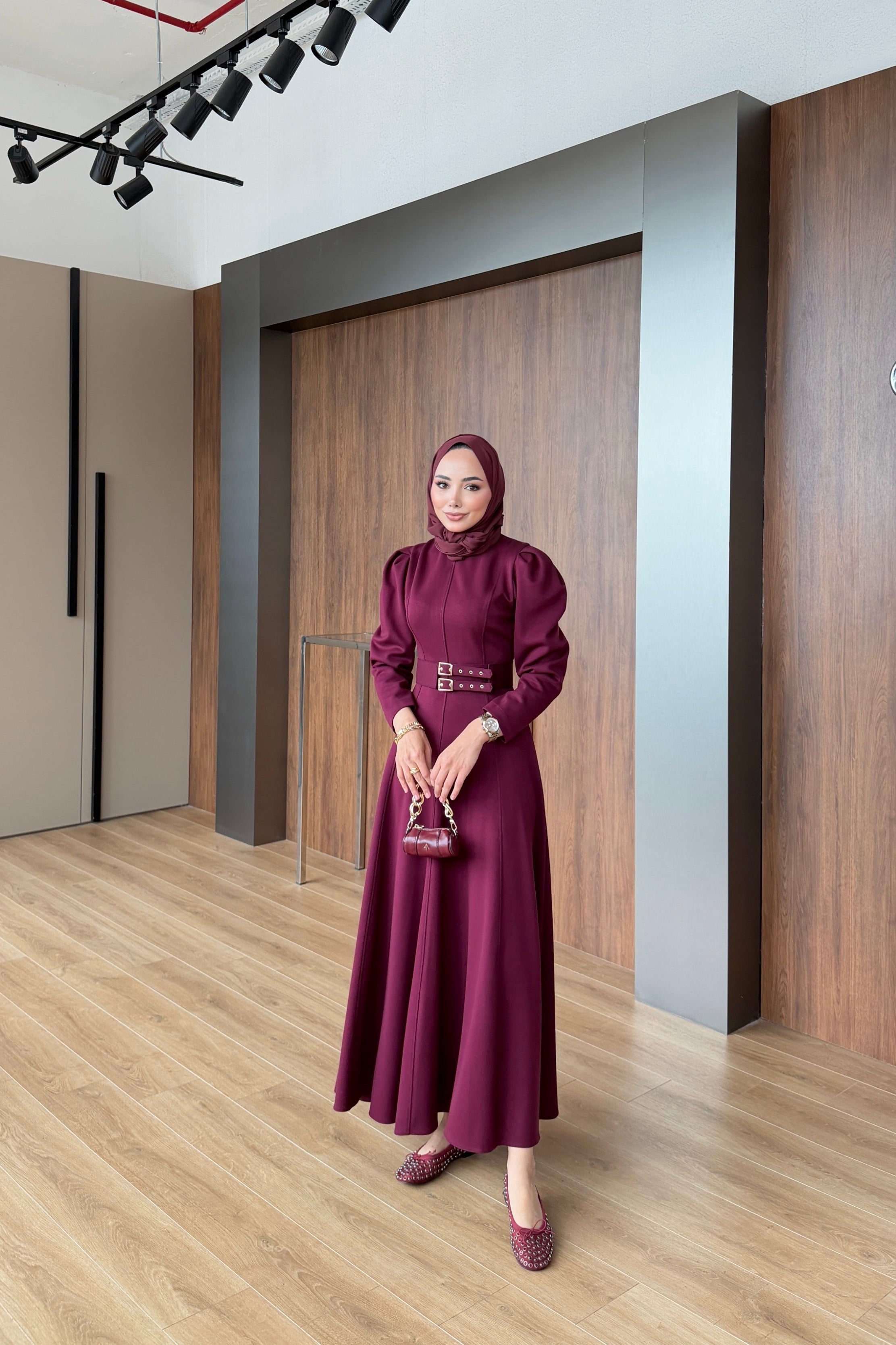 Yasemin Kemerli Elbise Bordo
