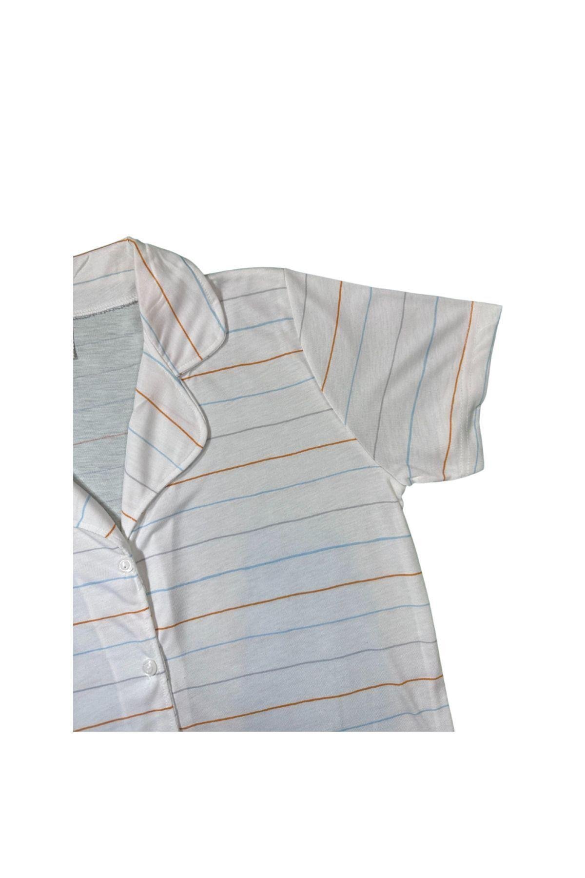 Kadın Beyaz Çizgi Desenli Düğmeli Pamuklu Gömlek Yaka Kısa Kollu Pijama Takımı