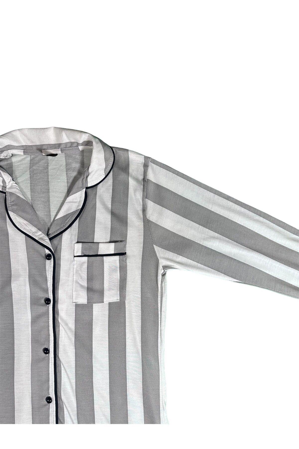 Kadın Çizgili Beyaz Düğmeli Pamuklu Gömlek Yaka Uzun Kollu Pijama Takımı
