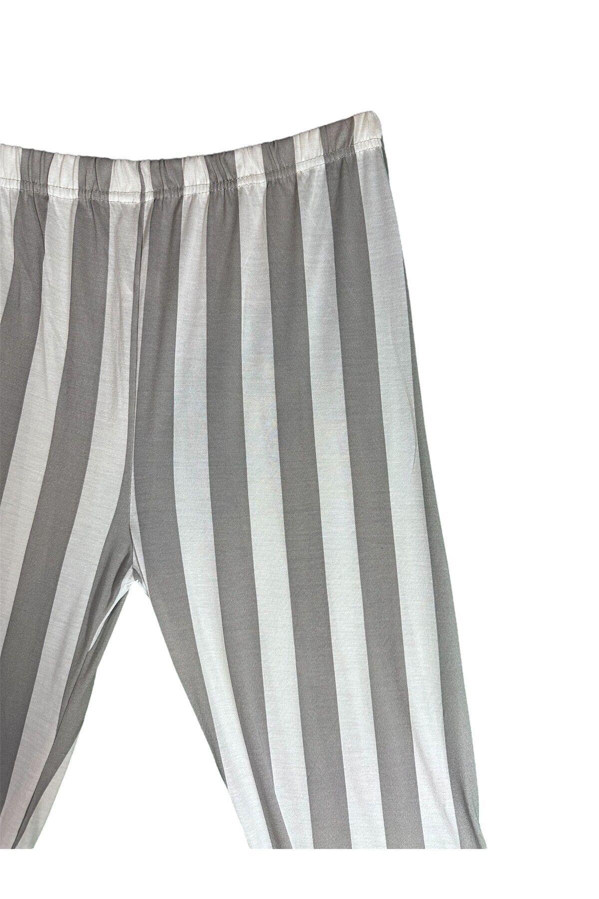 Kadın Çizgili Beyaz Düğmeli Pamuklu Gömlek Yaka Uzun Kollu Pijama Takımı