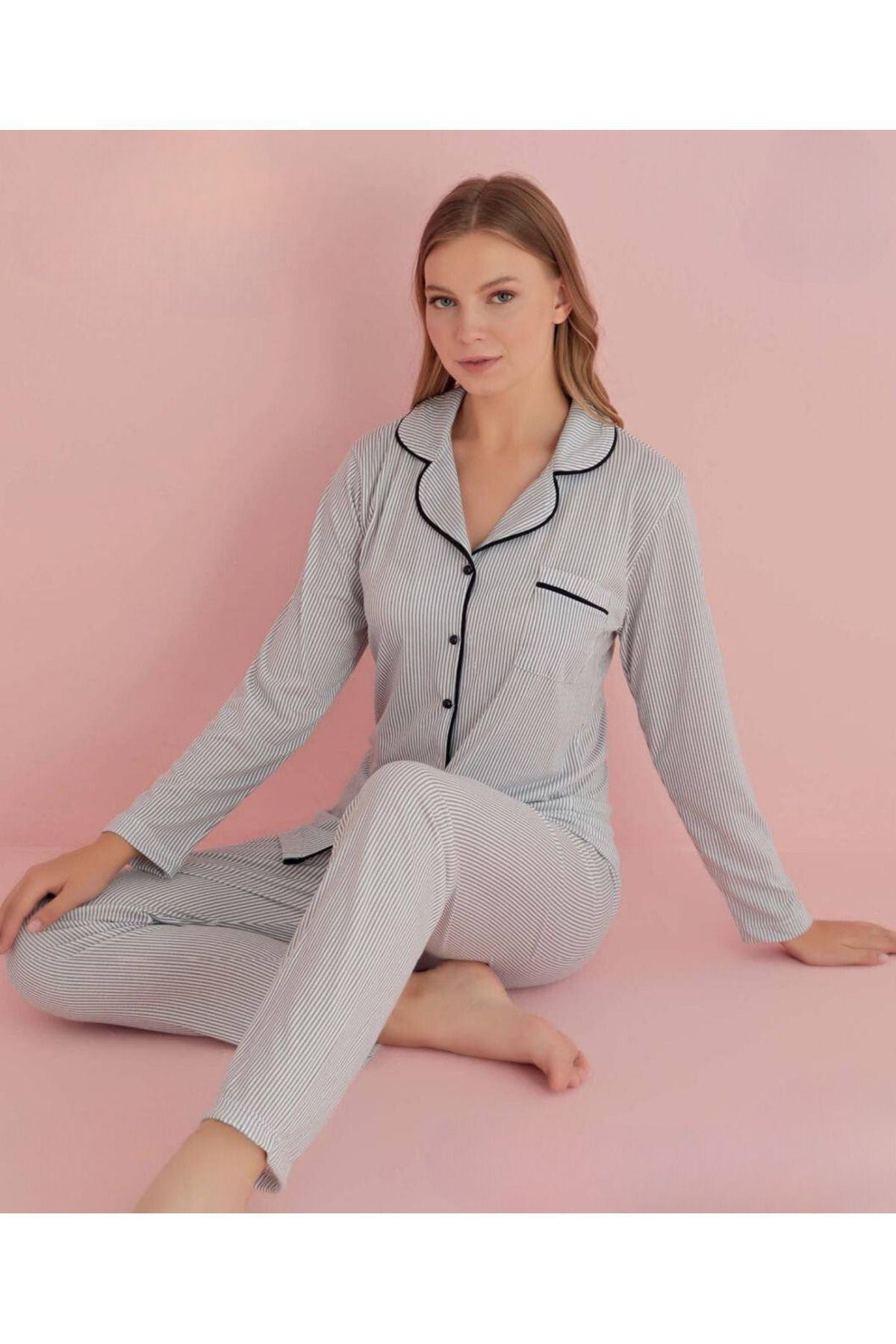 Kadın Çizgili Beyaz Düğmeli Pamuklu Gömlek Yaka Uzun Kollu Pijama Takımı