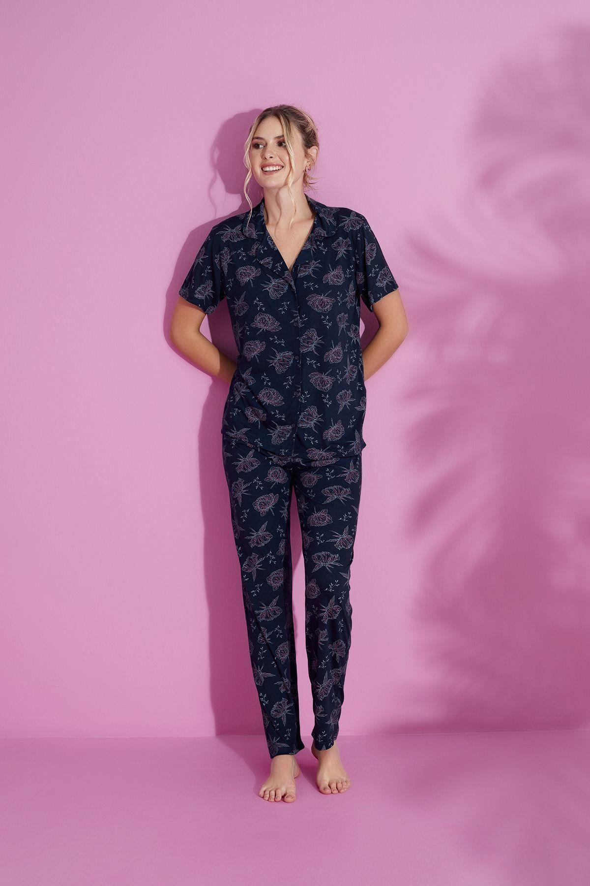 Kadın Lacivert Desenli Düğmeli Pamuklu Gömlek Yaka Kısa Kollu Pijama Takımı