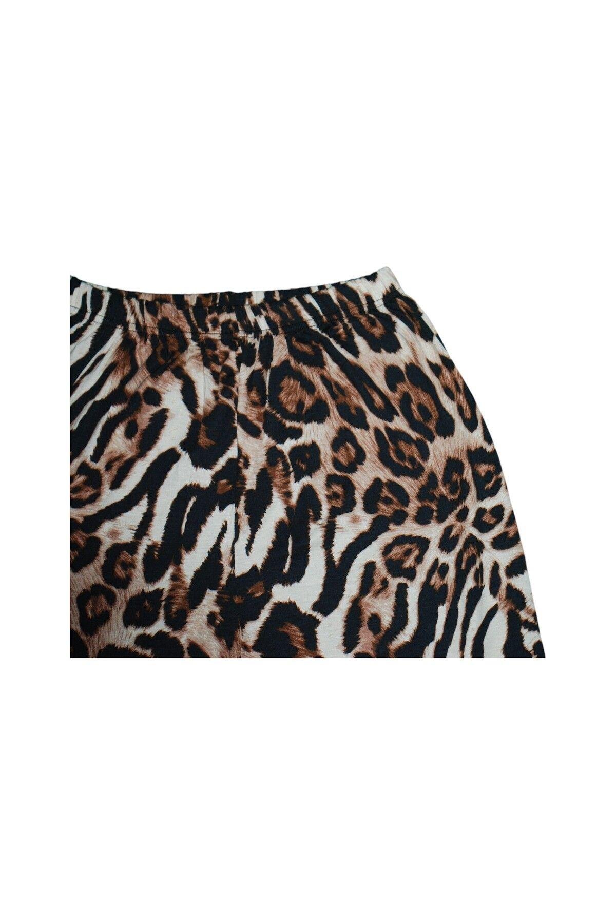 Kadın Leopar Desenli Düğmeli Gömlek Yaka Uzun Kollu Süet Pijama Takımı