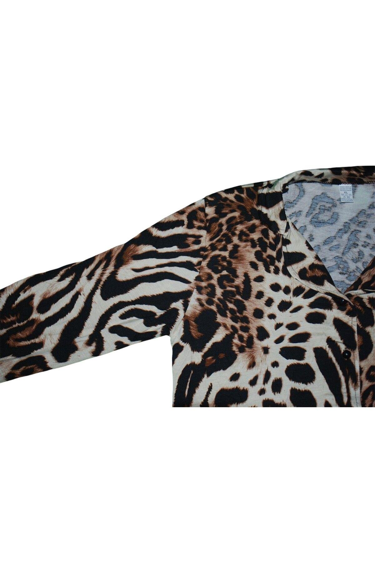 Kadın Leopar Desenli Düğmeli Gömlek Yaka Uzun Kollu Süet Pijama Takımı