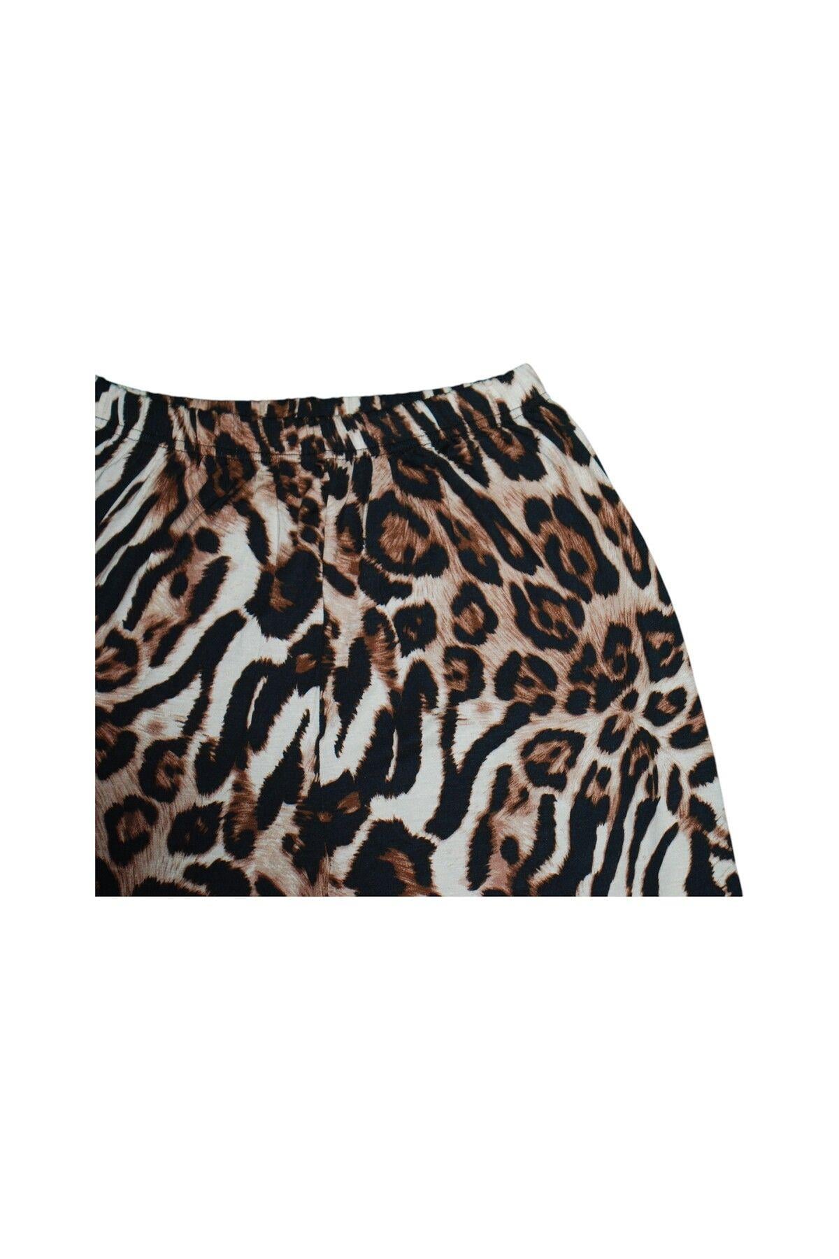 Kadın Leopar Desenli Düğmeli Gömlek Yaka Uzun Kollu Süet Pijama Takımı