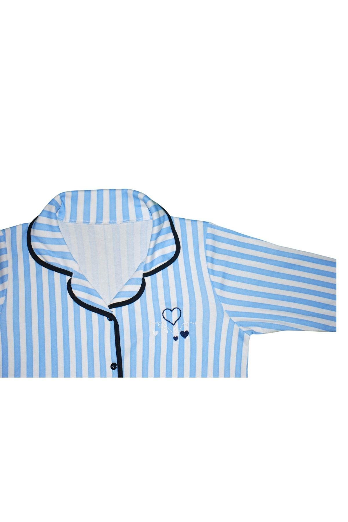 Kadın Mavi Çizgili Düğmeli Pamuklu Gömlek Yaka Uzun Kollu Pijama Takımı