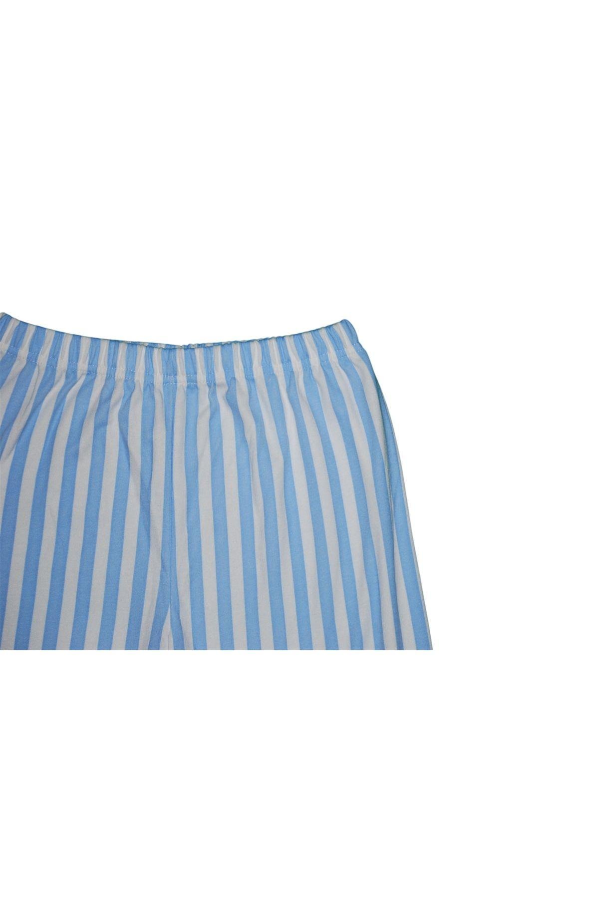 Kadın Mavi Çizgili Düğmeli Pamuklu Gömlek Yaka Uzun Kollu Pijama Takımı