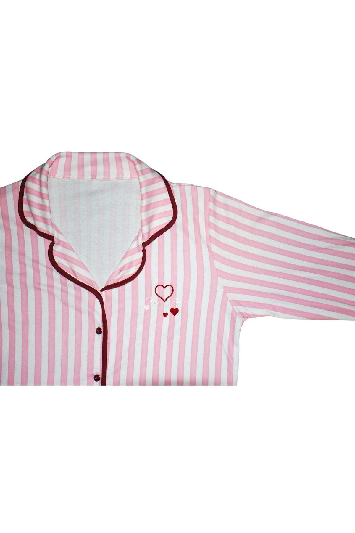 Kadın Mavi Çizgili Düğmeli Pamuklu Gömlek Yaka Uzun Kollu Pijama Takımı