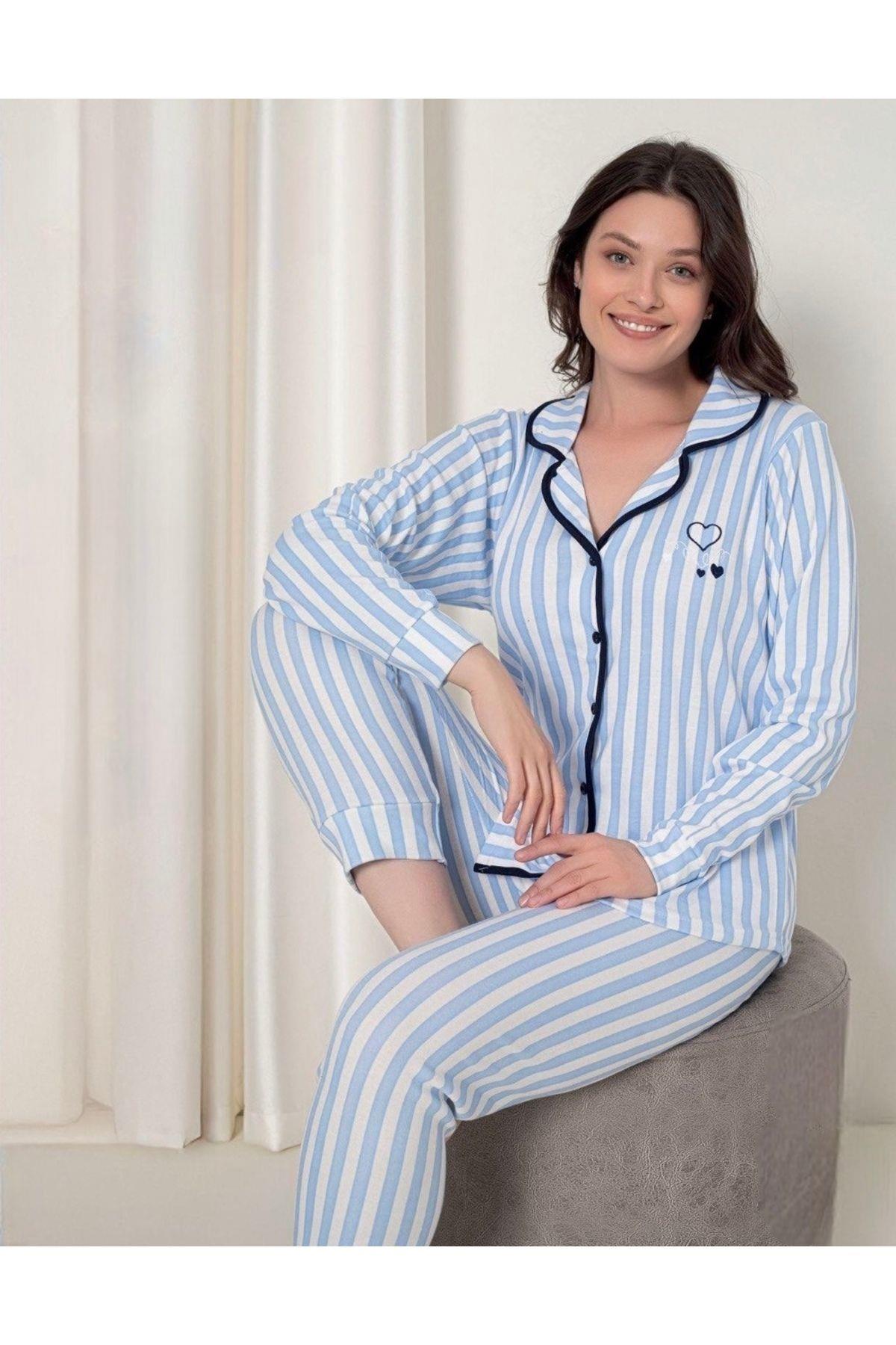 Kadın Mavi Çizgili Düğmeli Pamuklu Gömlek Yaka Uzun Kollu Pijama Takımı