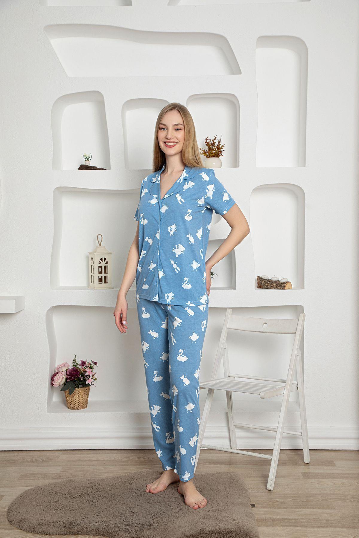 Kadın Mavi Mini Hayvan Desenli Pamuklu Düğmeli Gömlek Yaka Kısa Kollu Pijama Takımı