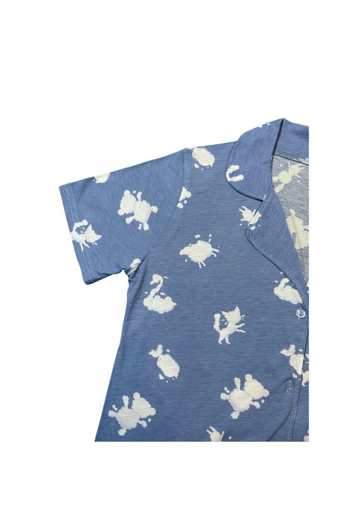 Kadın Mavi Mini Hayvan Desenli Pamuklu Düğmeli Gömlek Yaka Kısa Kollu Pijama Takımı