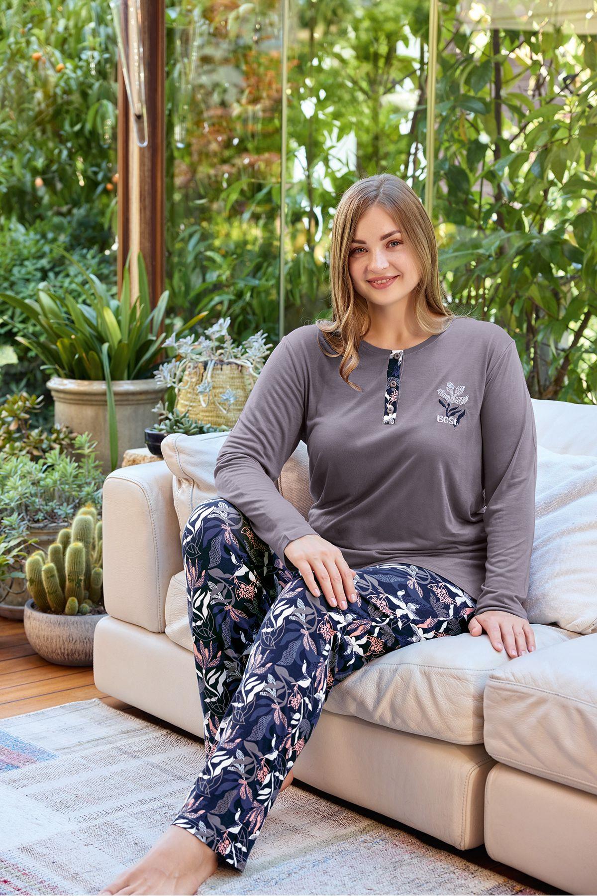 Kadın Pamuklu Büyük Beden Uzun Kollu Bisiklet Yaka Desenli Pijama Takımı