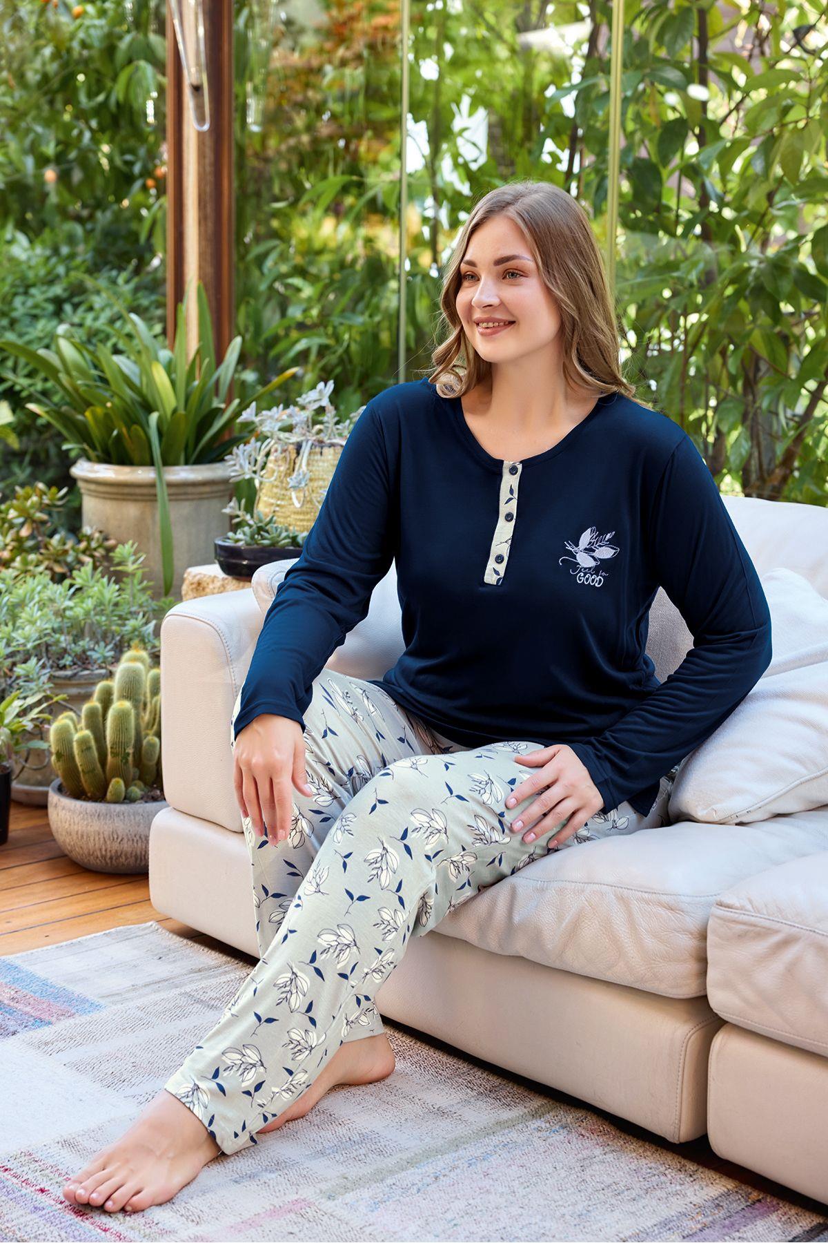Kadın Pamuklu Büyük Beden Uzun Kollu Bisiklet Yaka Desenli Pijama Takımı
