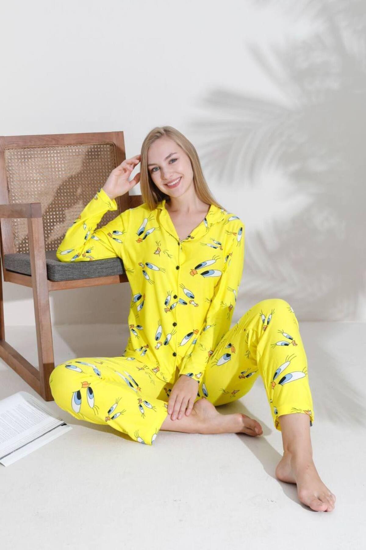Kadın Pamuklu Siyah Mini Kalp Desenli Uzun Kollu Gömlek Yaka Pijama Takımı