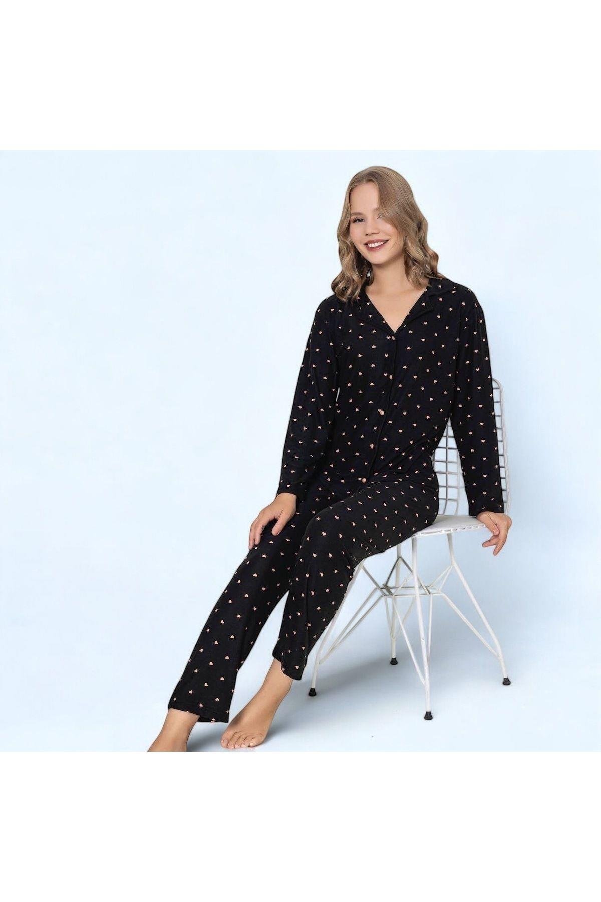 Kadın Pamuklu Siyah Mini Kalp Desenli Uzun Kollu Gömlek Yaka Pijama Takımı