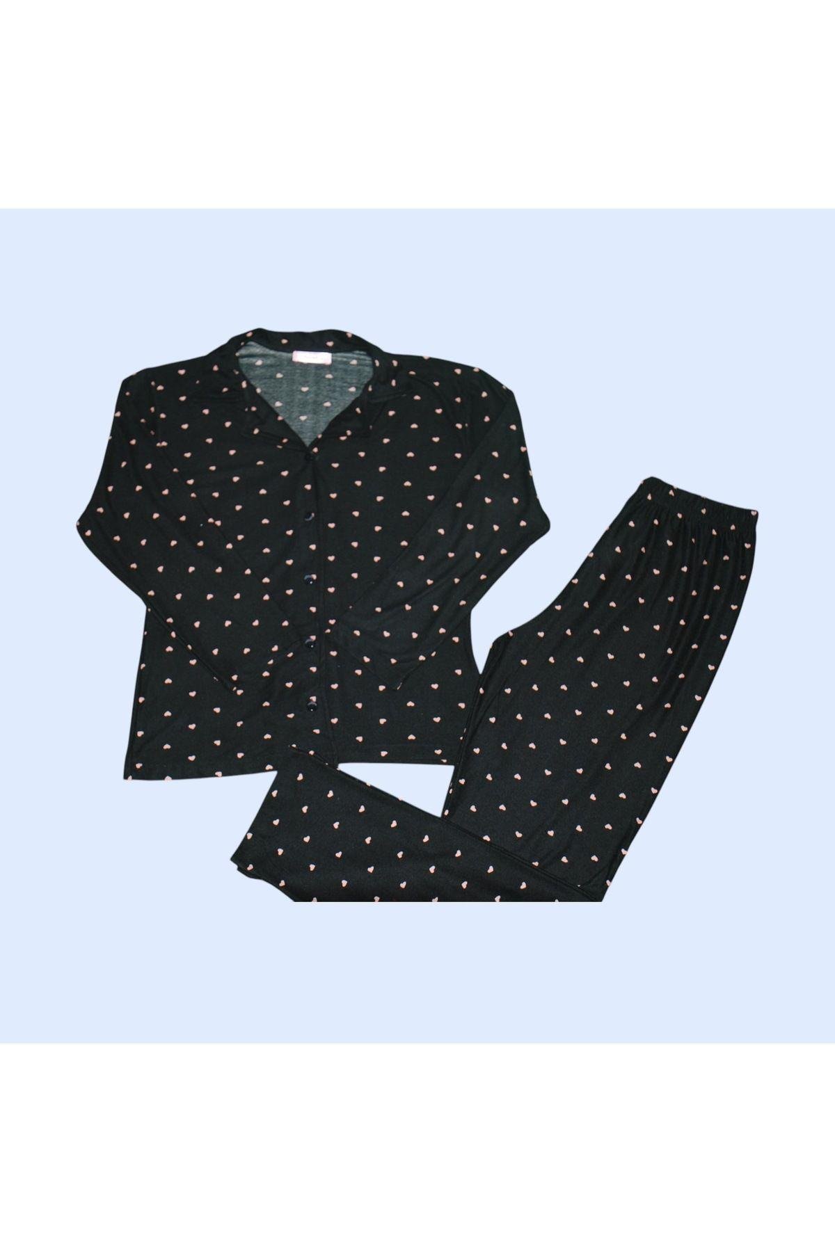Kadın Pamuklu Siyah Mini Kalp Desenli Uzun Kollu Gömlek Yaka Pijama Takımı