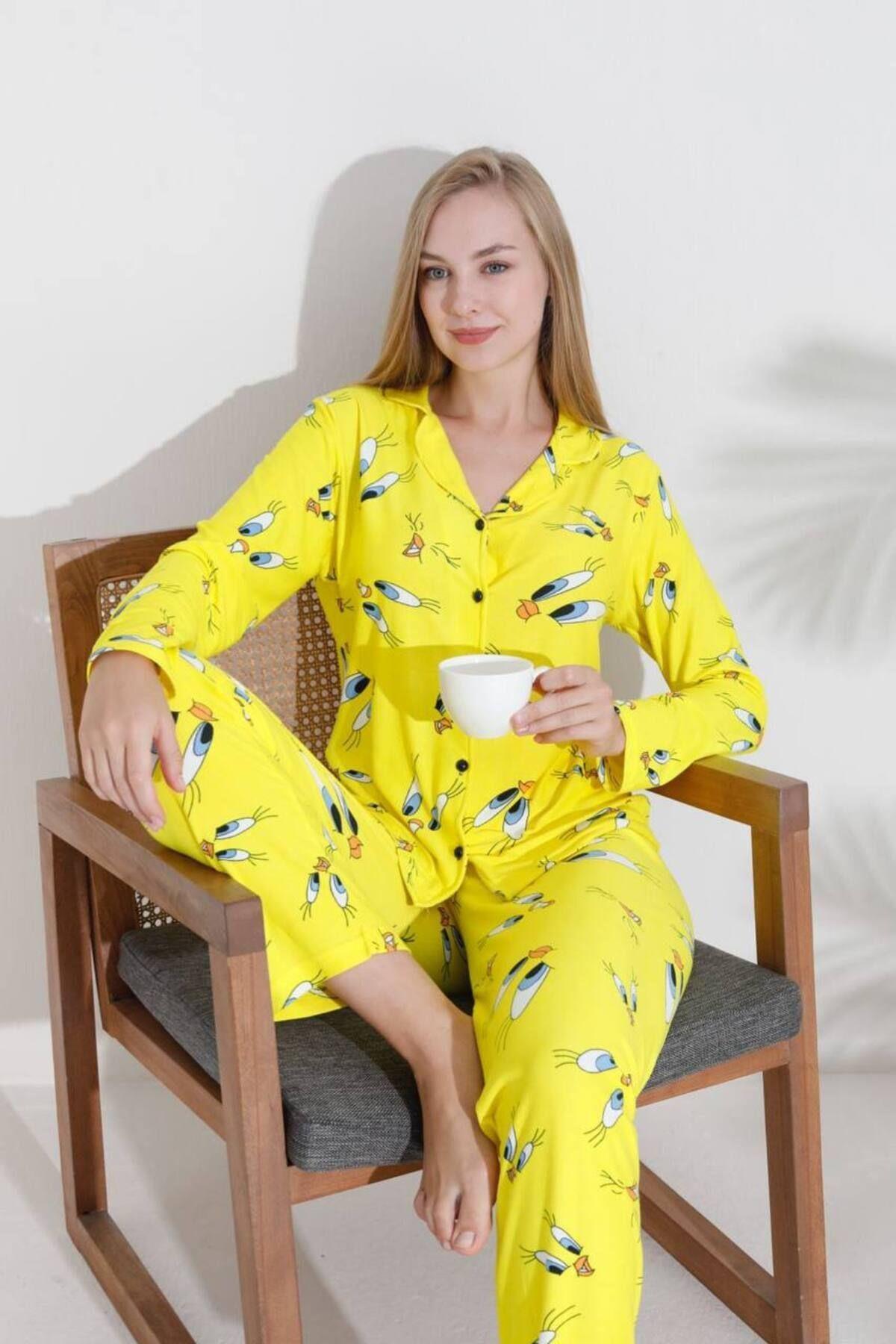 Kadın Pamuklu Siyah Mini Kalp Desenli Uzun Kollu Gömlek Yaka Pijama Takımı